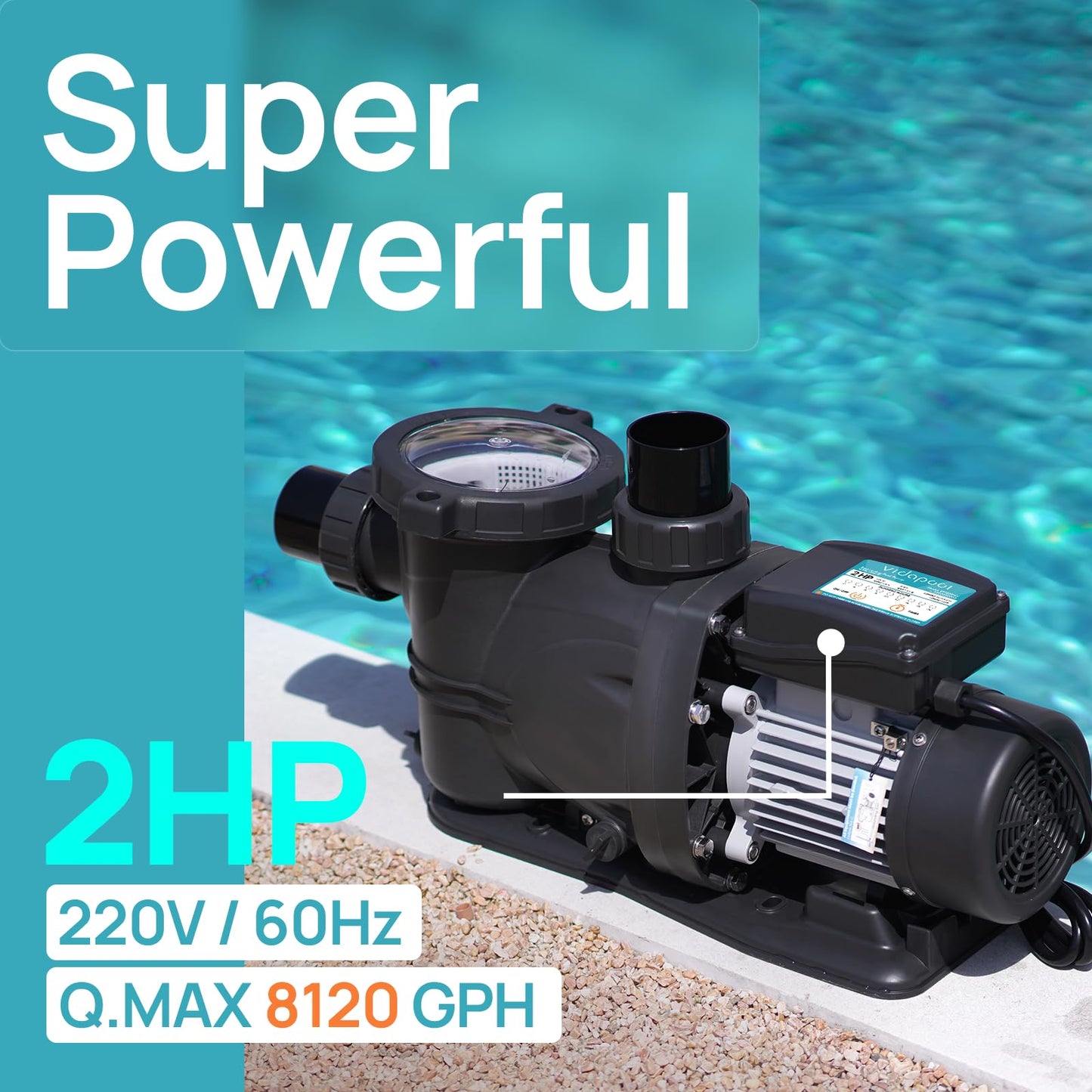 VIDAPOOL In/Above Ground Pool Pump, Self Primming High Flow (with Timer, 2HP, 8120 GPH, 220V)