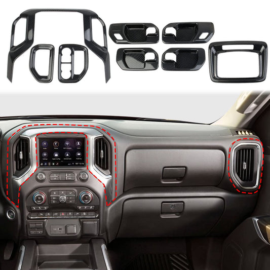 Fewshaw Carbon Fiber Center Console Dashboard Kit Trim for 2019-2026 Chevy Silverado/GMC Sierra 1500 2500 3500 (8-piece Set)