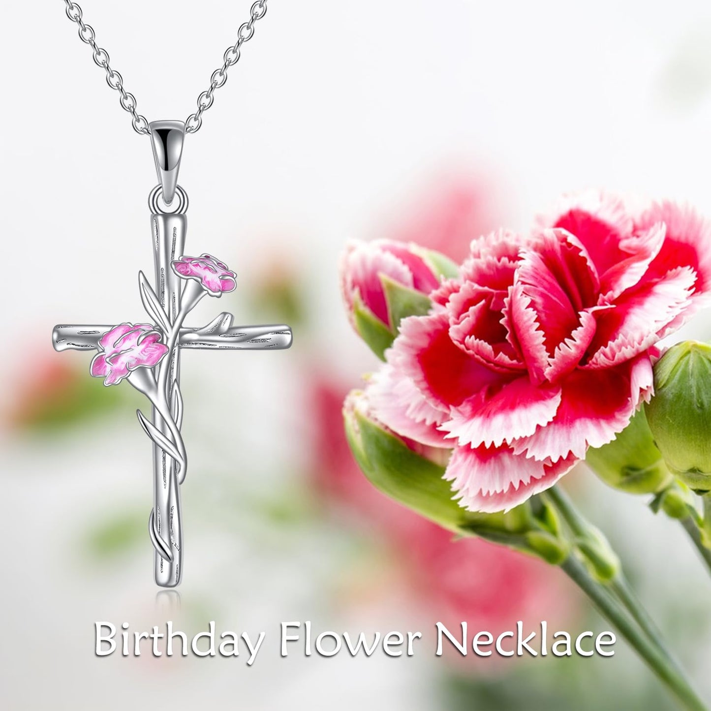 LUHE Women Cross Necklace Sterling Silver Birth Flower Pendant Necklace Religious Cross Jewelry Gifts for Women
