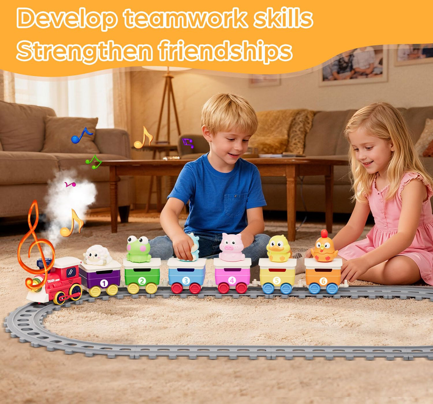Toddler Train Track Toys,Electric Farm Animal Train Set, Realistic Steam Lights Sound, Interactive Boy Gift Toy, Animal Finger Play, Barn Number Game，Educational Gifts for Smart Kids 1 2 3 Years Old