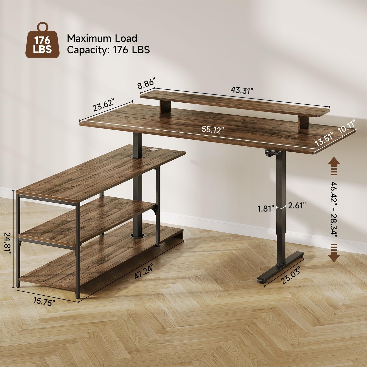 Lefurture Standing Desk with File Cabinet, 55x24'' L Shaped Electric Stand Up Desk with Adjustable Monitor Shelf, Adjustable Height 28-46'' for Home and Computer Workstation, Walnut