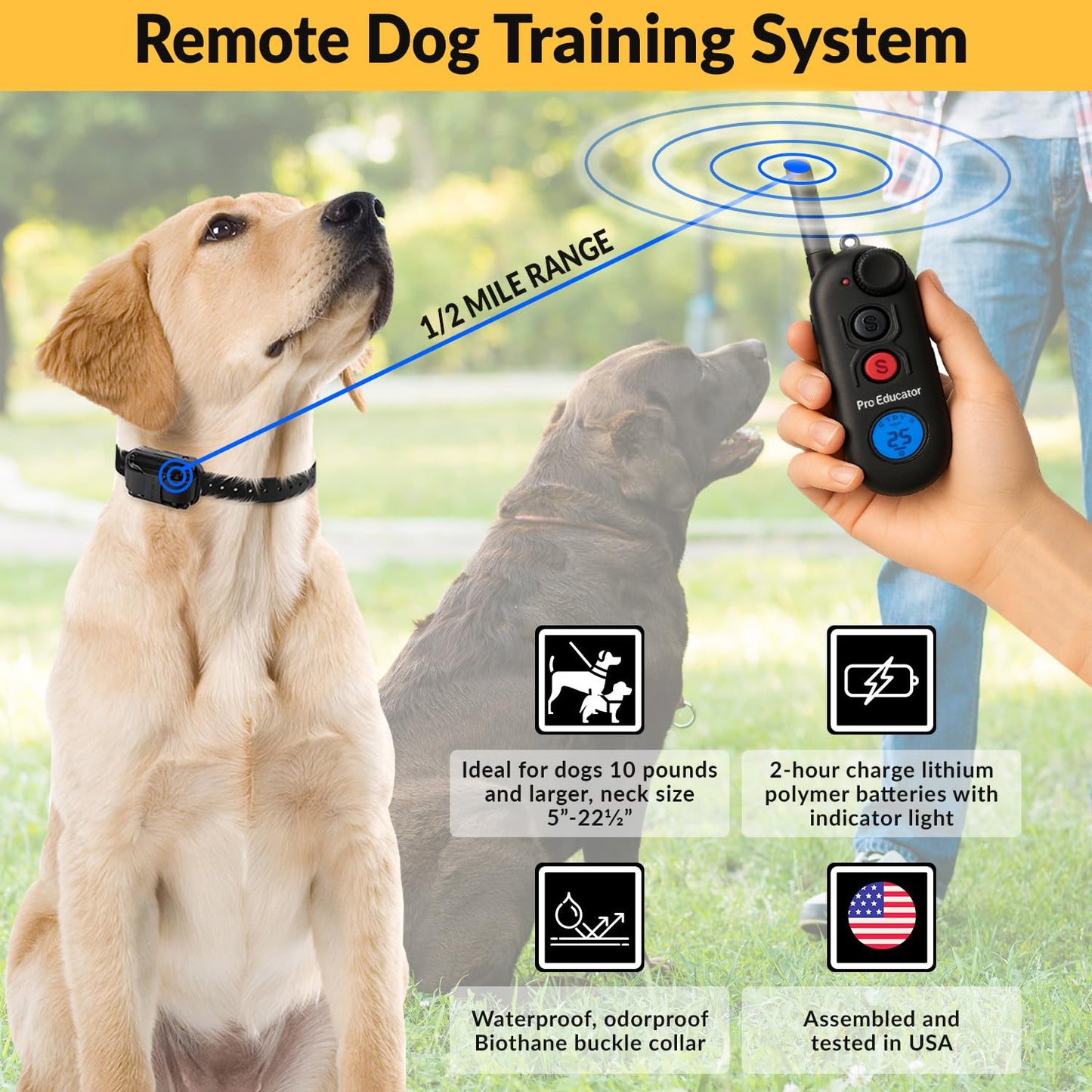 Educator Pro 1/2 Mile Dog Training Collar with Ergonomic Remote, Safe Humane Vibration Stimulation, Pavlovian Tone, Waterproof, Odorproof Biothane Collar, Night Light, Rechargeable, 1 Dog, Black