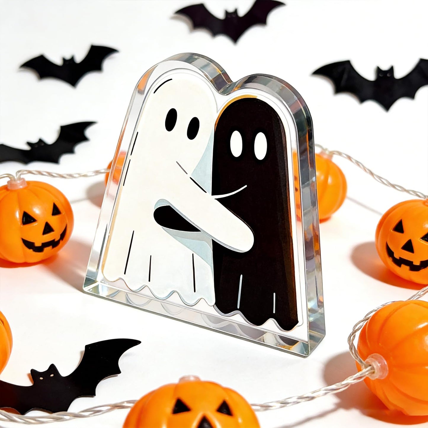 Hugging Ghost Decorative Sign Acrylic Cute Plaque Desk Decor Halloween Gifts For Women Kids Men Adult Friends Coworker Birthday Christmas Gifts Black White Design Goth Accessories
