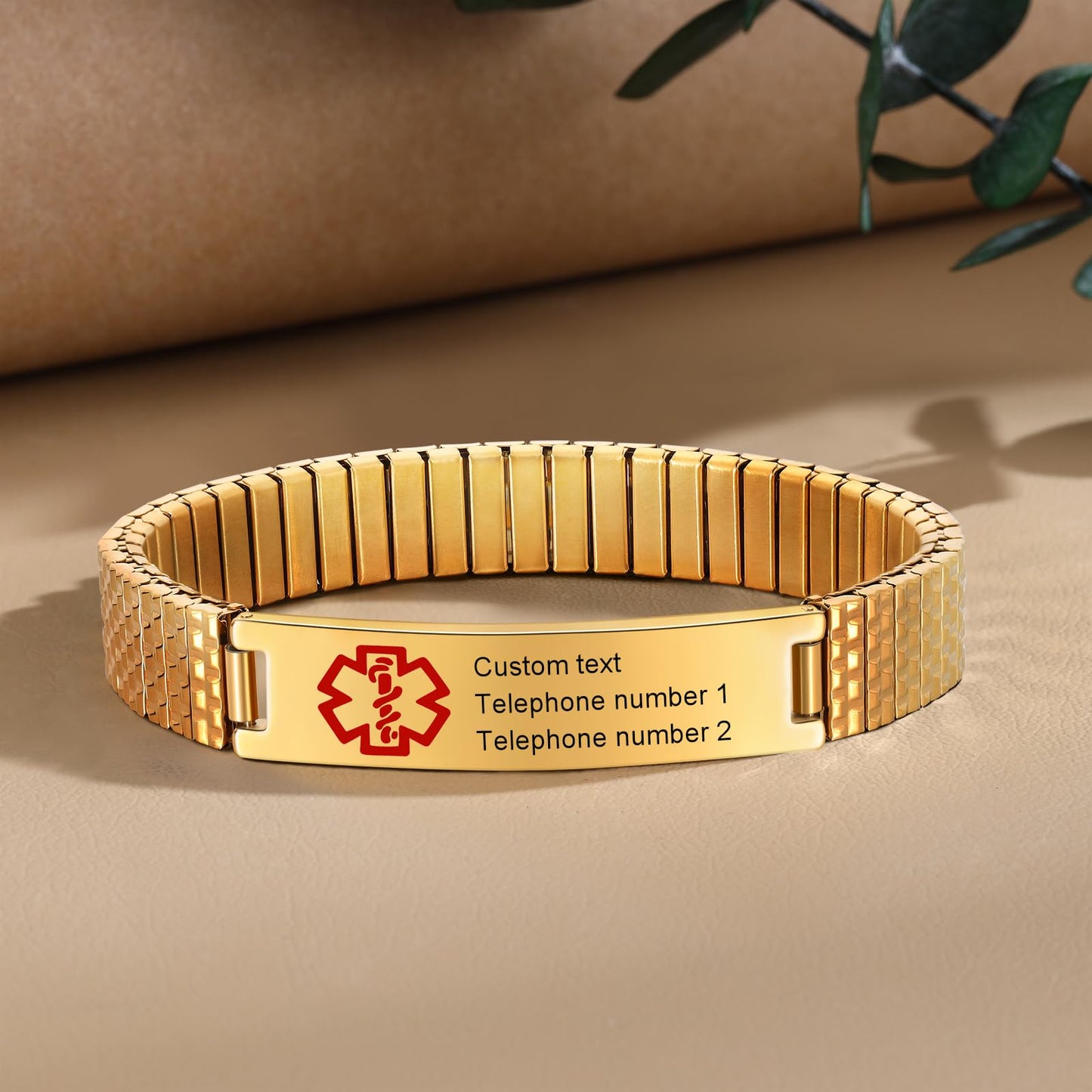 Personalized Medical ID Bracelets for Men - Custom Emergency Alert Bracelet for Women Engraved Medic Info Elastic Stainless Steel Bracelets for Family Autism Allergy Diabetic Epilepsy (Gold, 18cm)