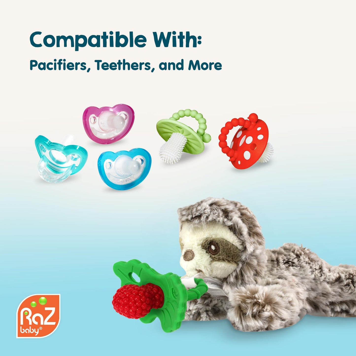 RaZbaby Sloth RaZbuddy Stuffed Animal Pacifier Holder for Newborns & Up, Made in The USA, Detachable Orthodontic JollyPop Pacifier, Medical-Grade 100% BPA-Free Silicone, -0 Months+