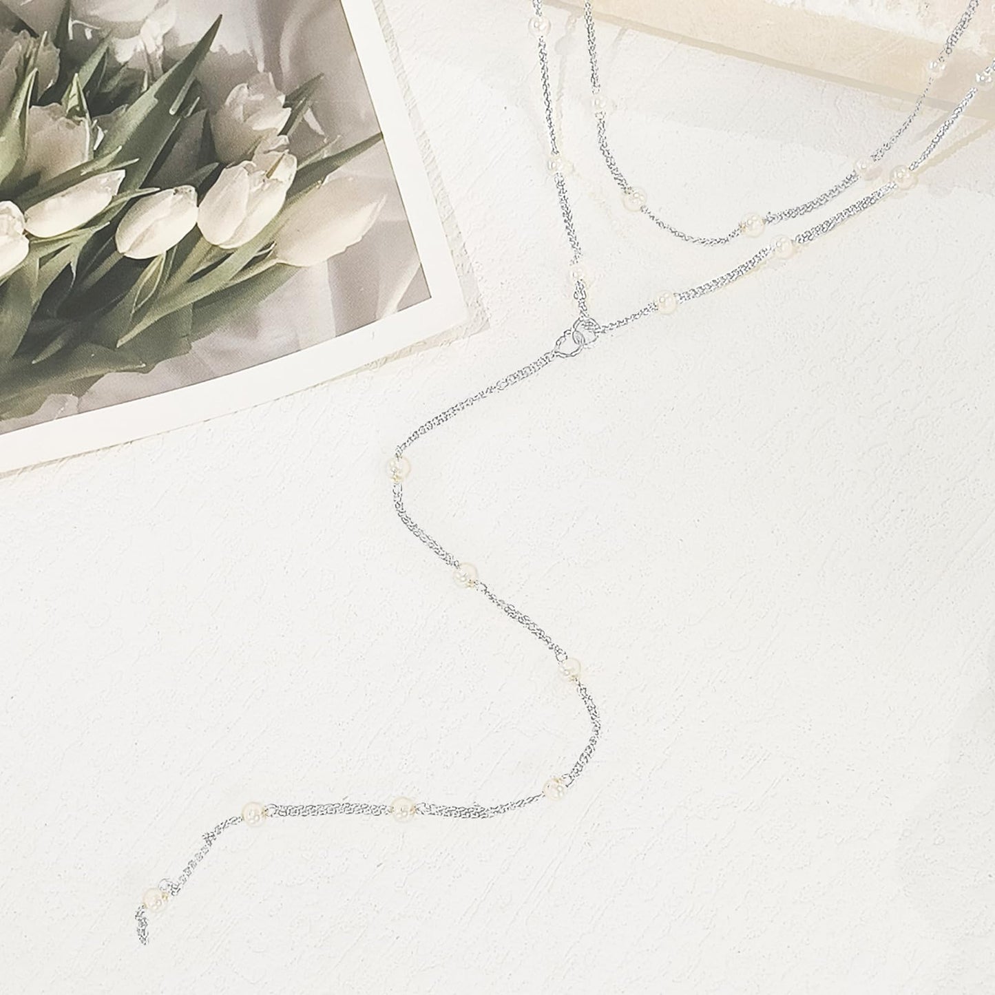 HERIER Silver Necklaces for Women Dainty Silver Plated Long Necklaces for Women Trendy Layered Pearl Necklace Simple Lariat Y Pearl Jewelry Gifts