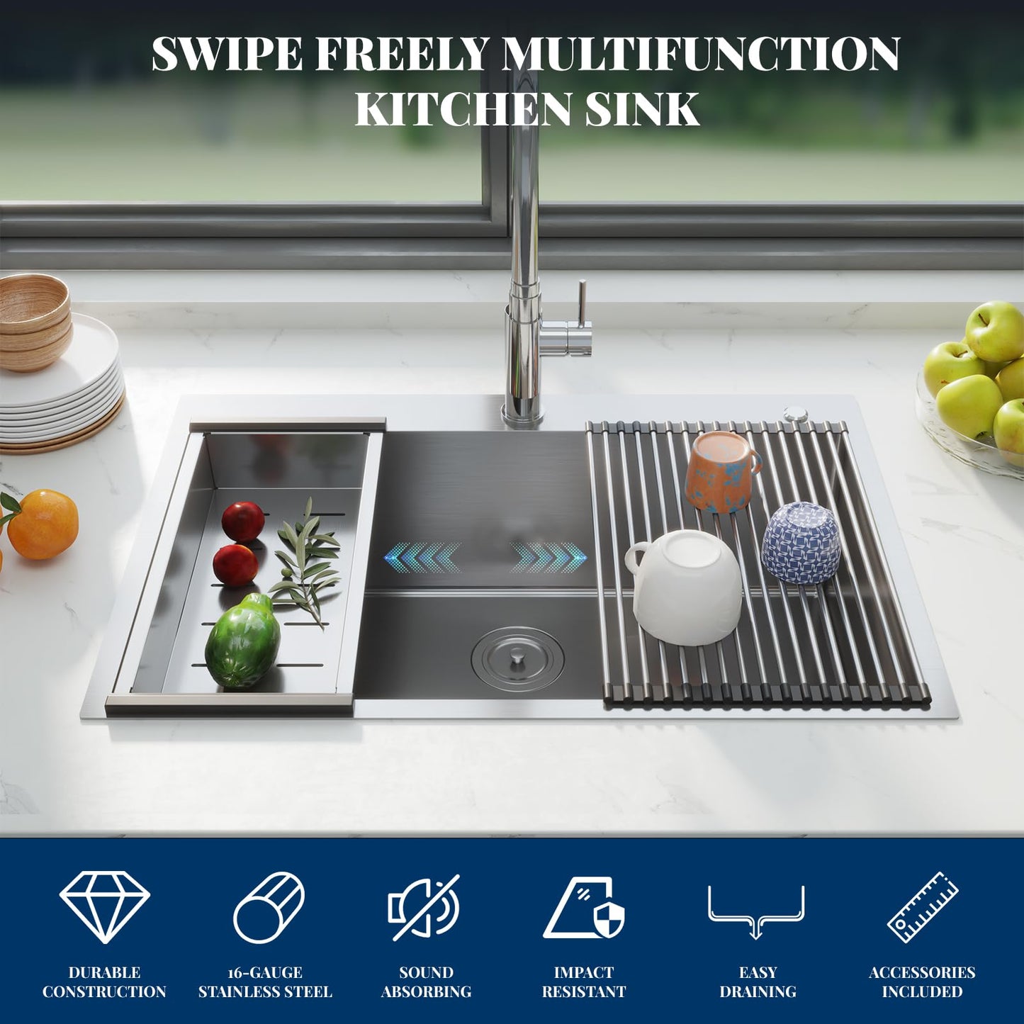 30 Inch Stainless Steel Kitchen Sink Workstation, Single Bowl Drop-in with Cutting Board, Drain Basket and Roller Shutter, 16 Gauge Stainless Steel T304 Construction