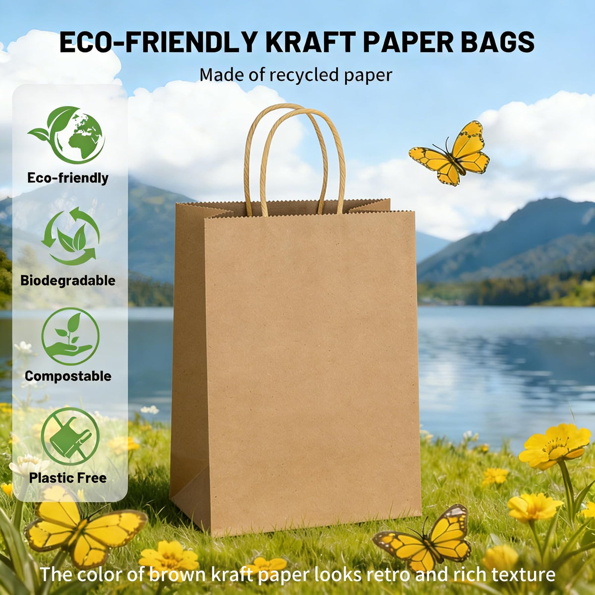 Mlyta 100 Pack 5.25x3.25x8.5 Inch Plain Small Brown Kraft Paper Gift Bags with Handles Bulk for Goodie, Party Favor Brithday Grocery Shopping, Small Business Wedding Retail Treat, Merchandise Sacks