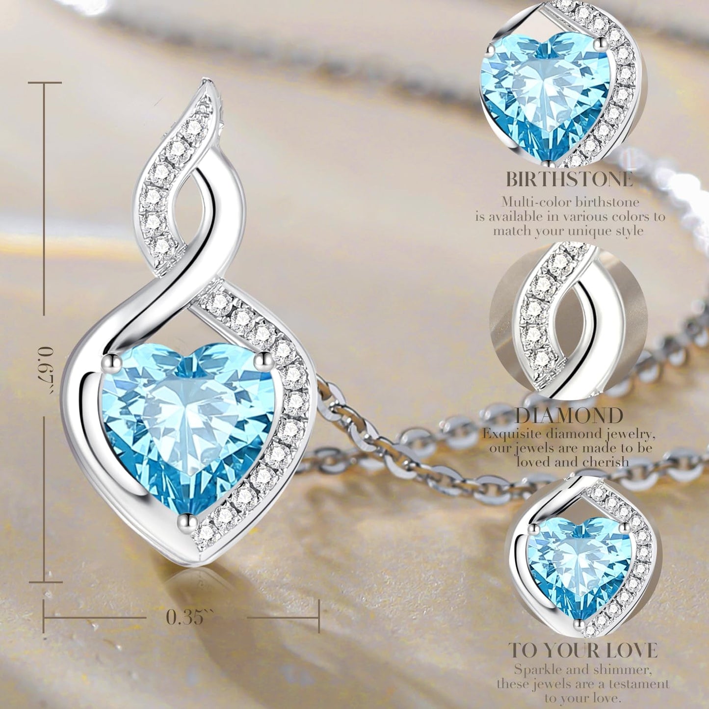 FANCIME Aquamarine Necklace 14K Solid White Gold Heart Pendant with Diamond March Birthstone Necklace Jewelry Gifts for Mom Women