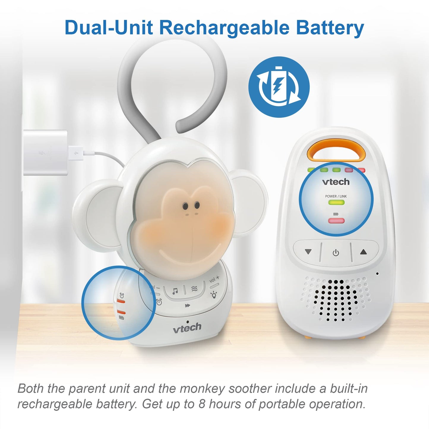 VTech DM1411 Audio Baby Monitor & Portable Soother Dual-Unit Rechargeable Battery, Long Range, Soft-Glow Night Light, Soothing Sounds & Lullabies, Digital Wireless Transmission, Sound Indicator