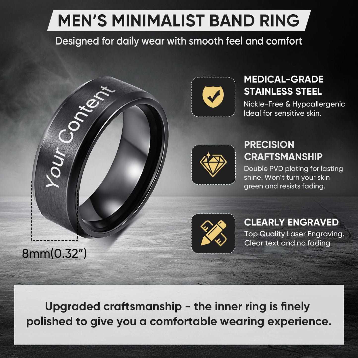 VNOX Customize Personalized Name Date 8MM Stainless Steel Simple Matte Brushed Finish Wedding Band Engagement Rings for Men Dad Husband,Size 11