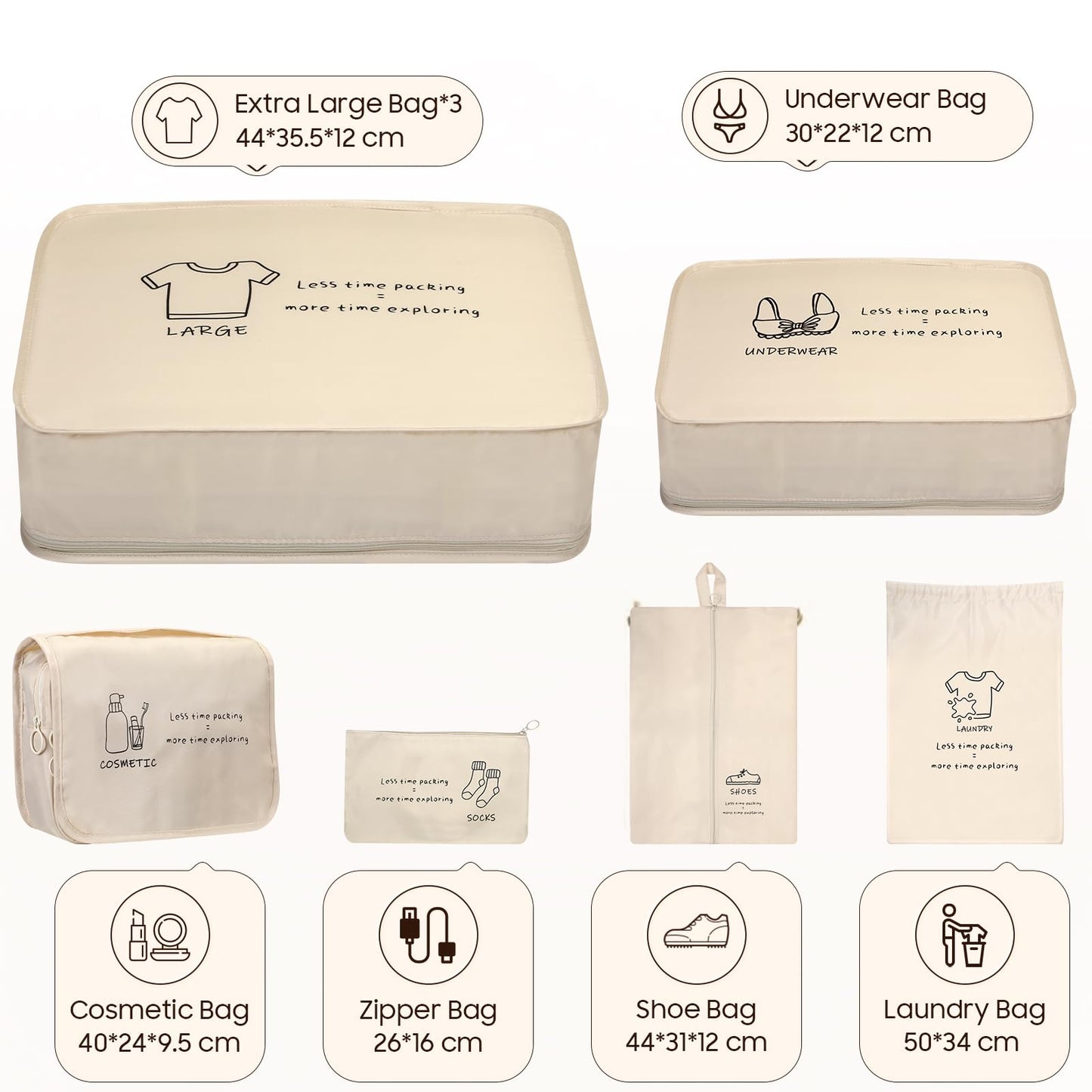 SKYREH 8 Set Travel Packing Organizers- Luggage Organizer for Suitcase Organization with Hanging Toiletry, Shoe & Laundry Bags, Packing Cubes for Travel Essentials, Cute Gifts for Women, Beige