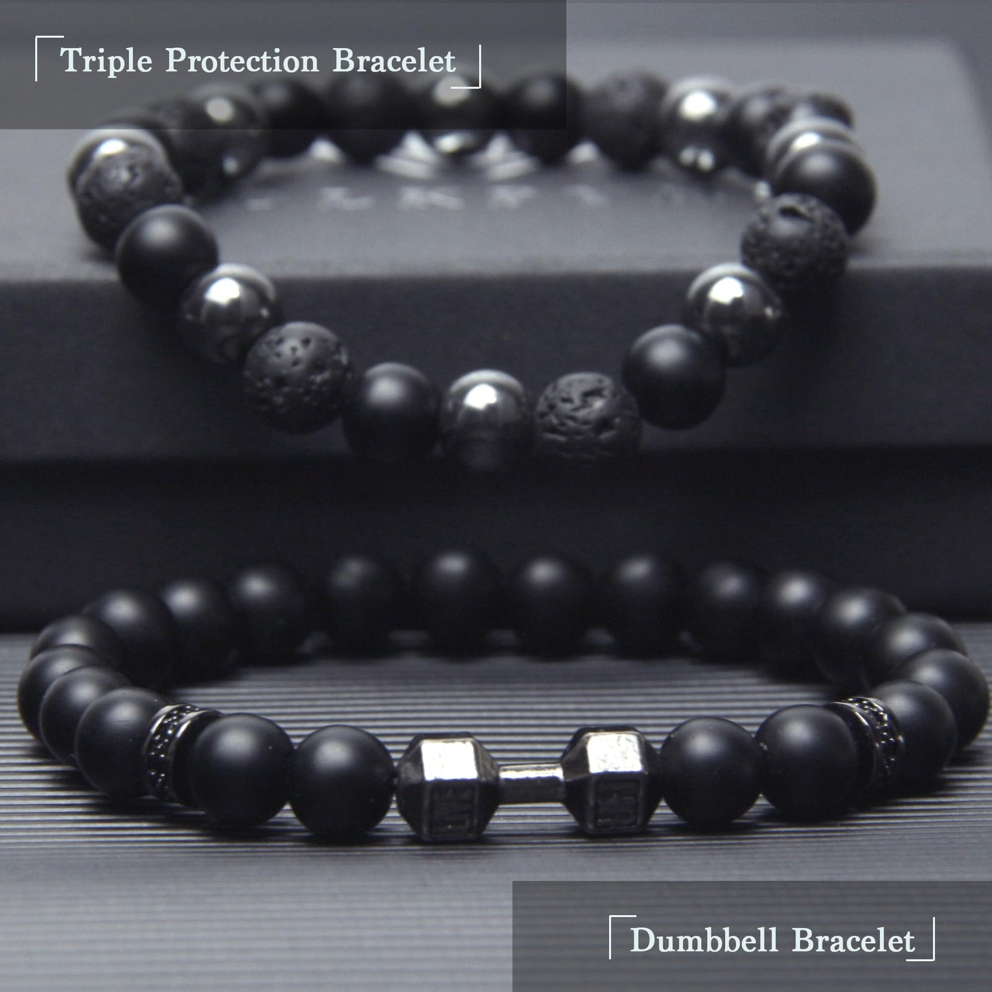 GDLKPYHS Black Obsidian Bracelets for Men- Dumbbell Bracelet - Tourmaline Beaded Bracelets, 8MM Black Onyx Hematite Lava Stone Beads Triple Protection Bracelet for Men Women Gifts