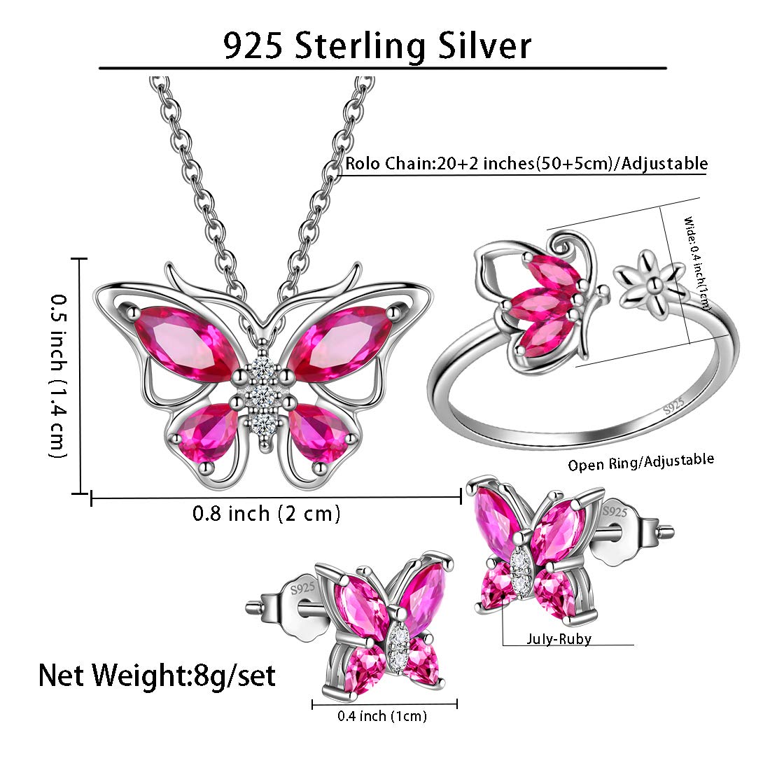 Hipunk Butterfly Red Jewelry Sets Birthstone Women 925 Sterling Silver July-Ruby Birth Stone Animal Butterflies Jewelry Sets/Earring/Ring Set Crystal Birthday Jewelry SS0002R