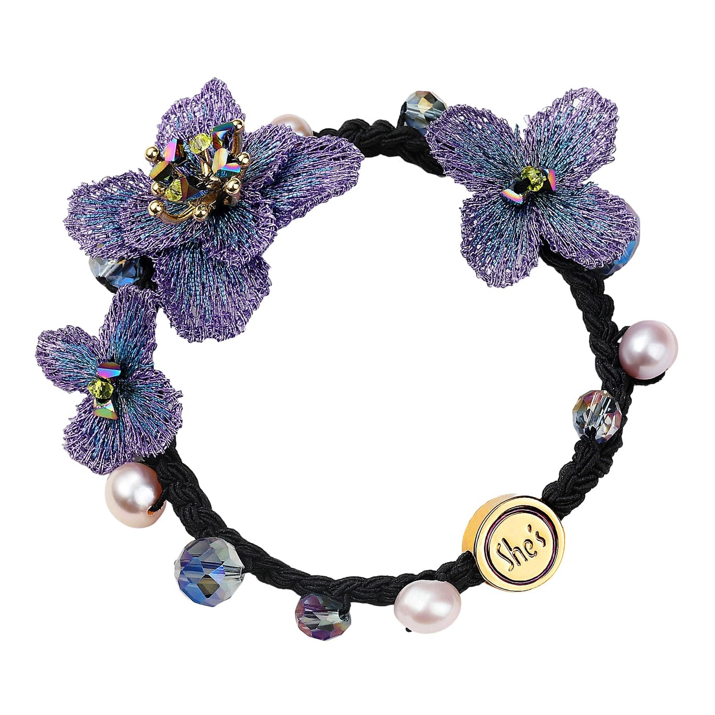 SHE'S FREE STYLE JUST FOR YOU Gradient Embroidered Floral hair ties no damage with Freshwater Pearl and Crystal, Elegant Ponytail Holder hair bands for women's hair, perfect hair elastic gift for girl