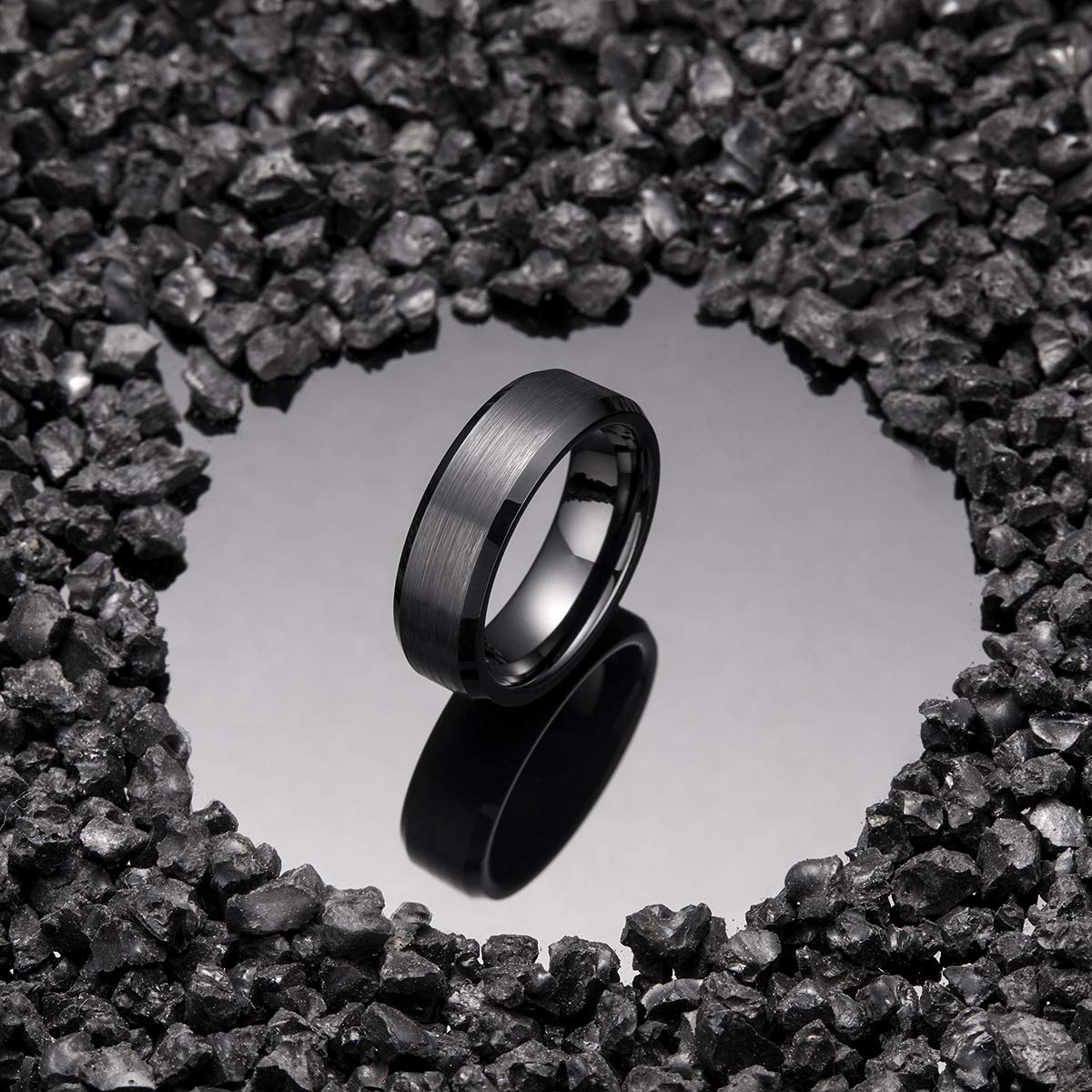 King Will 7mm Men's Black Wedding Ring - Brushed Matte Surface, Beveled Polished Edge, Comfort Fit Size 13