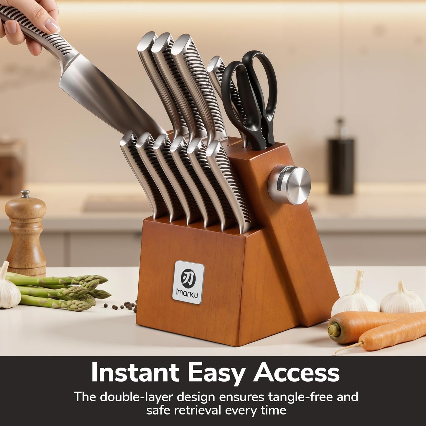 imarku 14-Piece Knife Set, Japanese Stainless Steel Knives Set for Kitchen, Full-Tang Gyutou Knife Sets with Block and Build-in Sharpener, Brown, Dishwasher Safe, House Warming Gifts