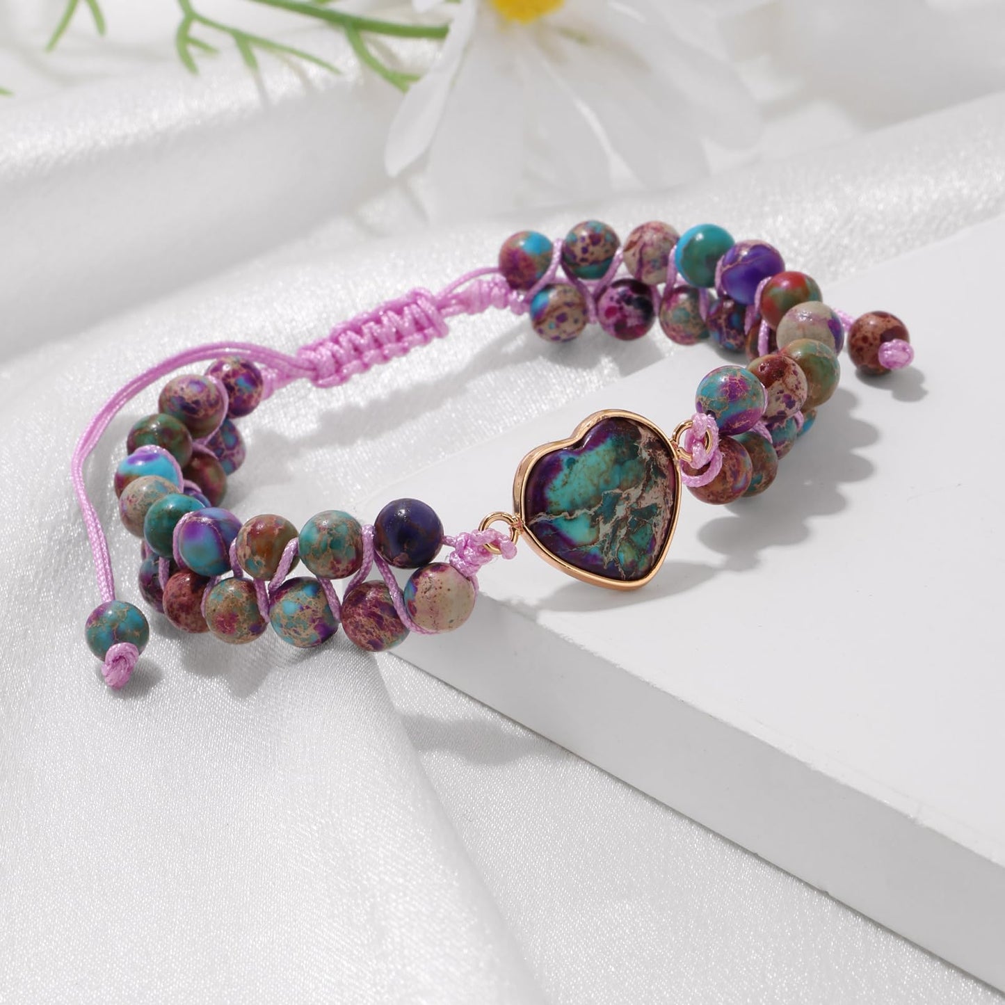 Bolinailo Natural Stone Bracelets for Women Crystal Beaded Bracelets Jasper Heart Adjustable Bracelet Imperial Stone Healing Crystal Jewelry Mothers Day Christmas Graduation Gifts for Women Men