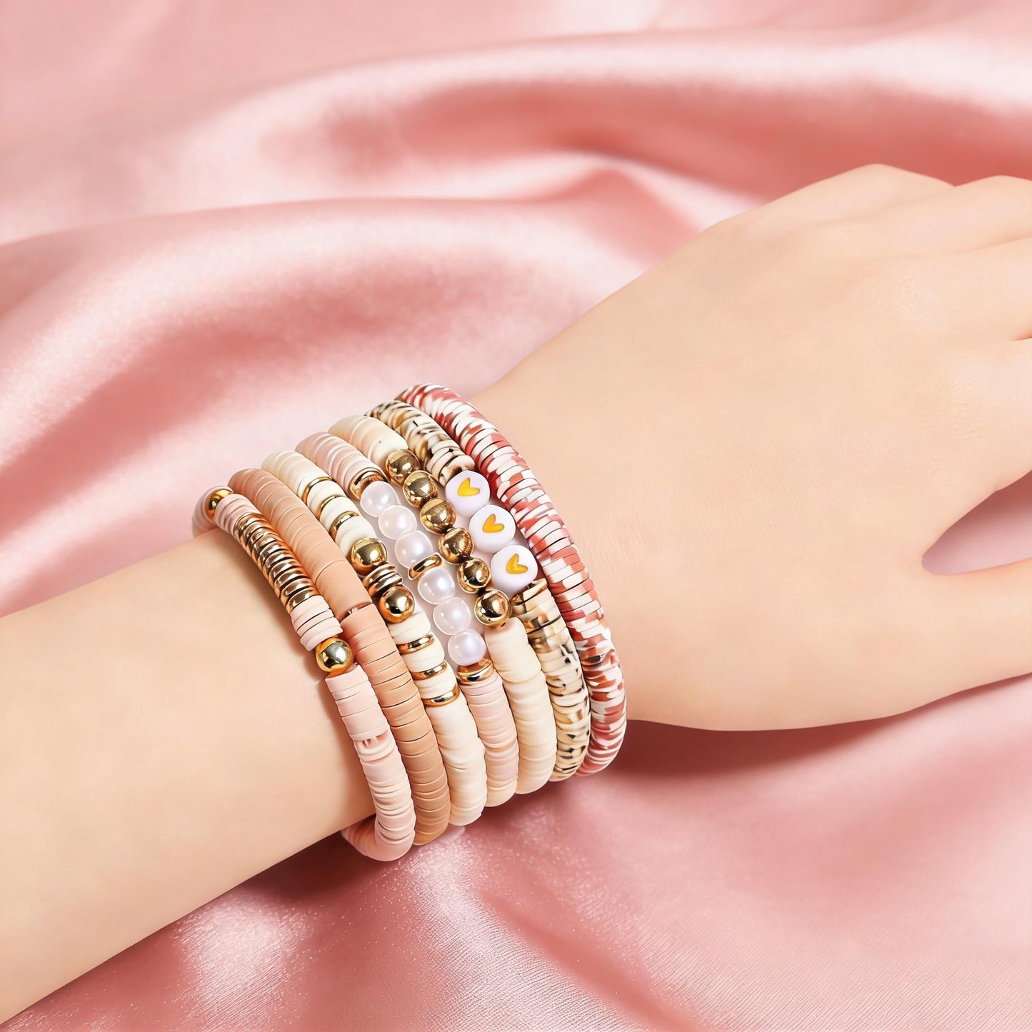 YEOSMINE Boho Heishi Clay Beaded Stretch Bracelets Stack For Women, Preppy Teens Friendship Gold Bracelets Cute Beach Surfer Accessories Bulk Set Trendy Fashion Jewelry