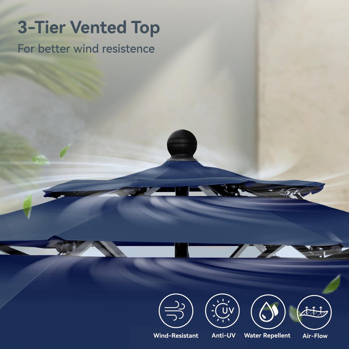 PHI VILLA 10ft Outdoor Patio Umbrellas for Outside, 3 Tier Vented Market Table Umbrella Windproof for Backyard, Deck, Garden, 1.5" Pole, Dark Blue（No Base）