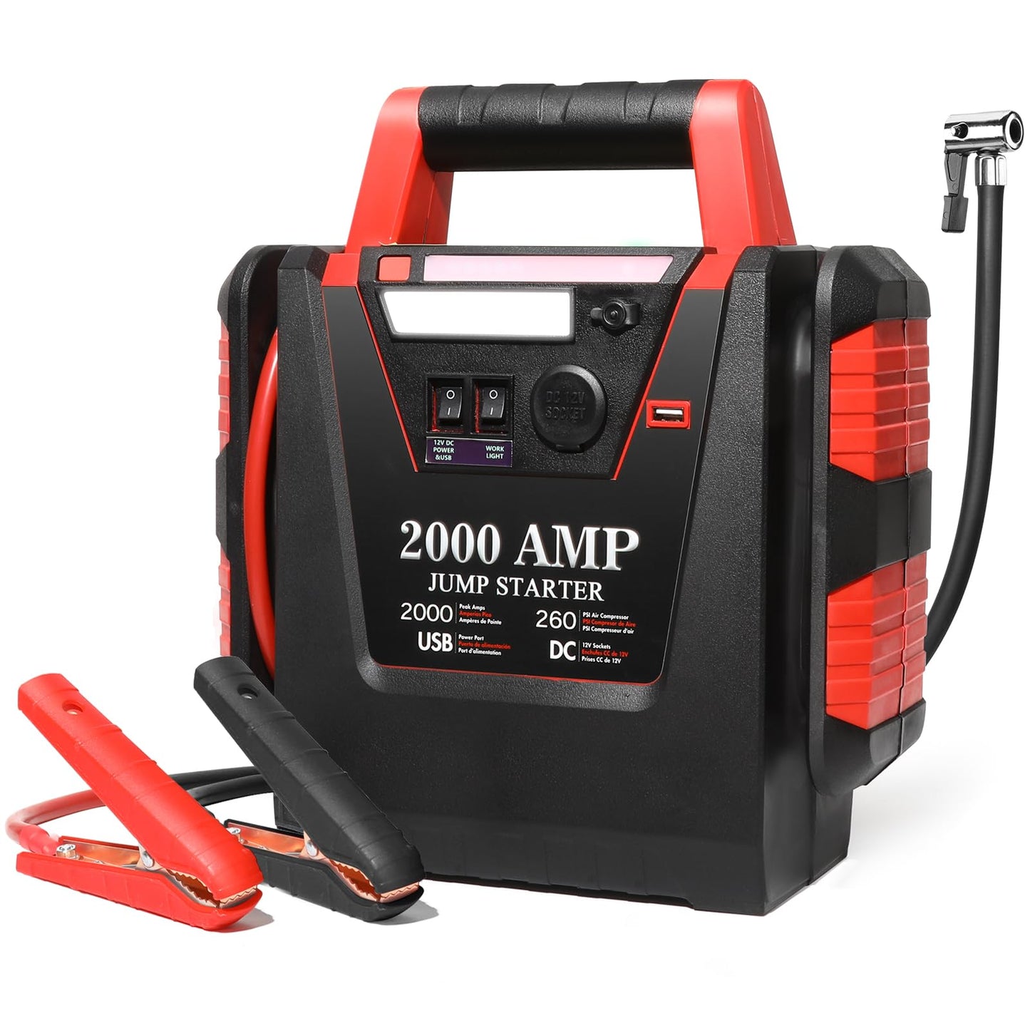 Jump Starter with Air Compressor,2000A Car Battery Jumper Starter 260 PSI Tire Inflator,6 in 1 Auto Lead-Acid Battery Booster Jump Starter for Up to 10.0L Gas or 8.0L Diesel with LED Light
