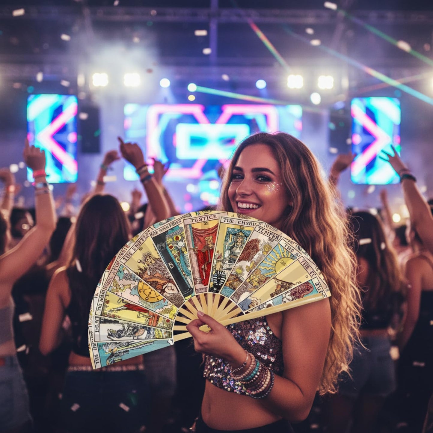 Weysat Tarot Card Hand Fan Rave Fan Fortune Teller Decor Oversized Folding Bamboo Witchy Gifts for Women Gypsy Cosplay EDM Music Gala Festival Mystic Accessories(Classic)