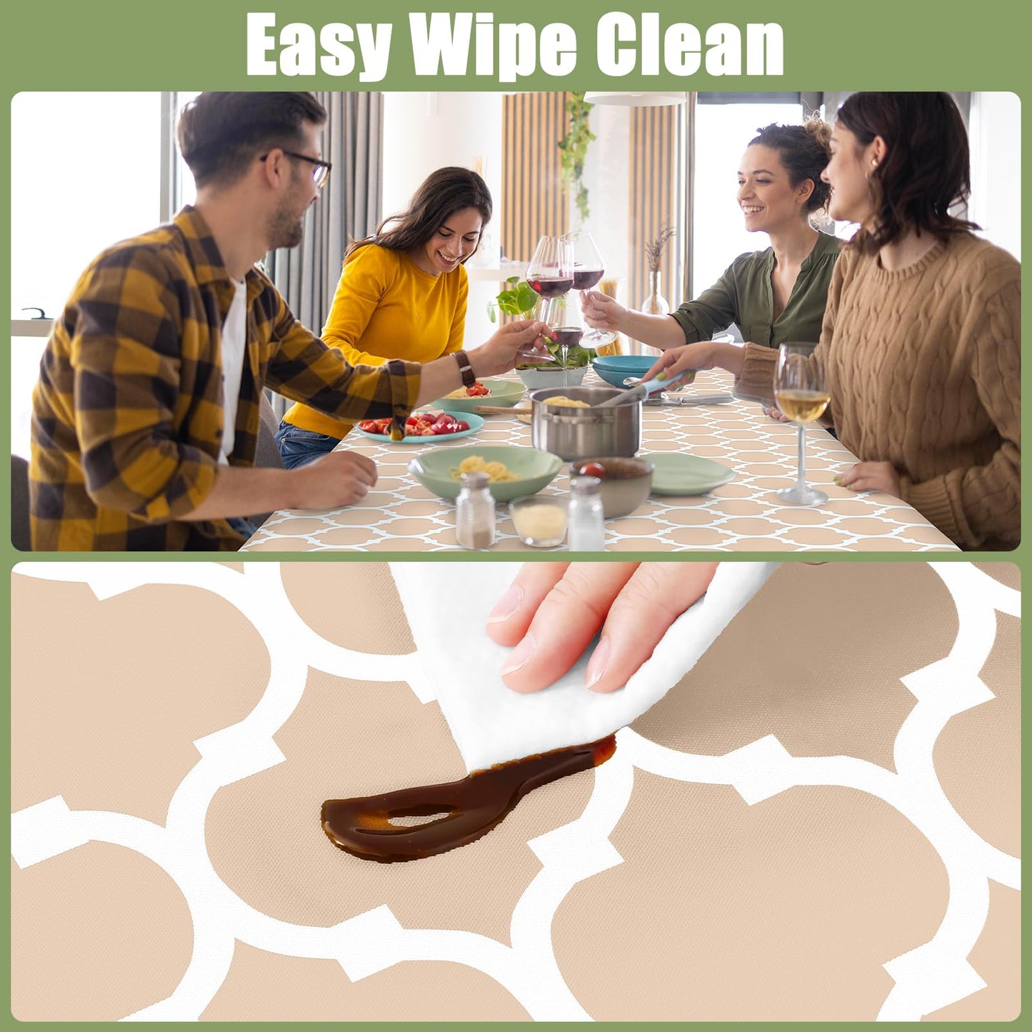 Smiry Rectangle Picnic Table Cover, Waterproof Elastic Fitted Camping Tablecloths for 4 Foot Tables, Wipeable Flannel Backed Vinyl Tablecloth Protector for Indoor, Outdoor (Khaki, 30x48 Inches)