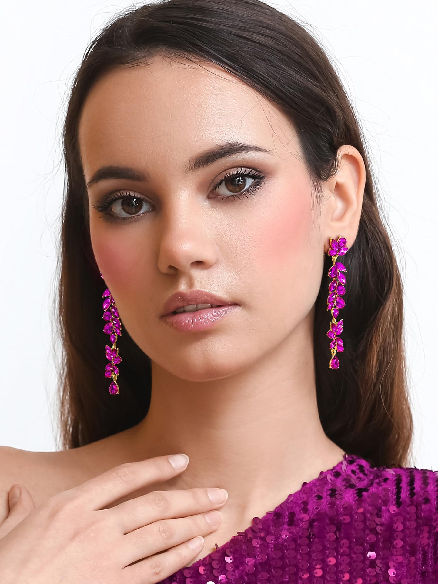 SWEETV Long Hot Pink Rhinestone Dangle Earrings for Women, Wedding Bridal Earrings for Brides, Crystal Chandelier Drop Earrings for Prom or Pageant