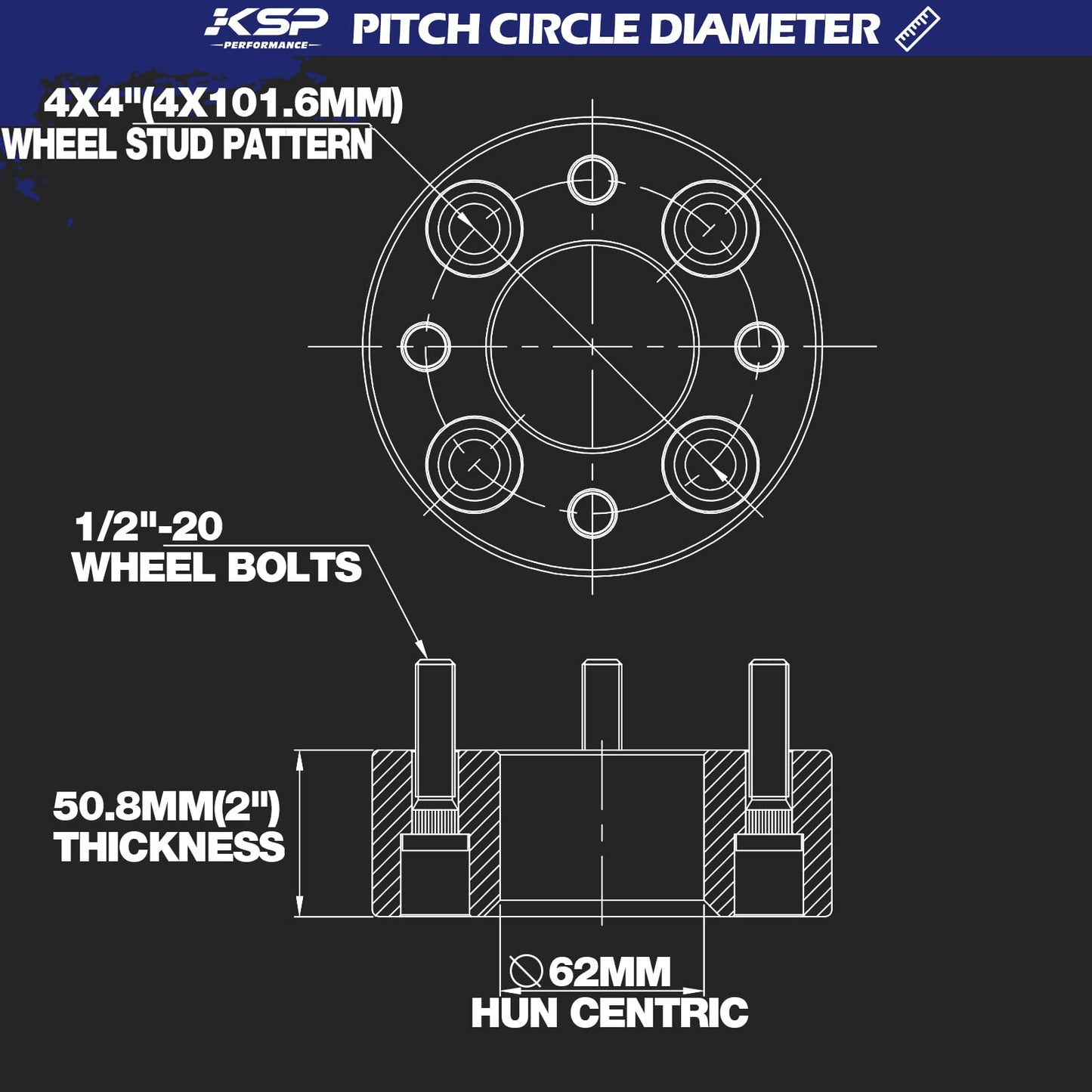 KSP 4X4 Wheel Spacers for Golf Cart EZGO Wheel Hub, 2"(50mm) Forged Tire Spacer fit Yamaha Club Car in 4x101.6 Bolt Pattern 62mm Hub Bore 1/2"-20 Thread Pitch, 4x100 Black Aluminum Wheel Adapters