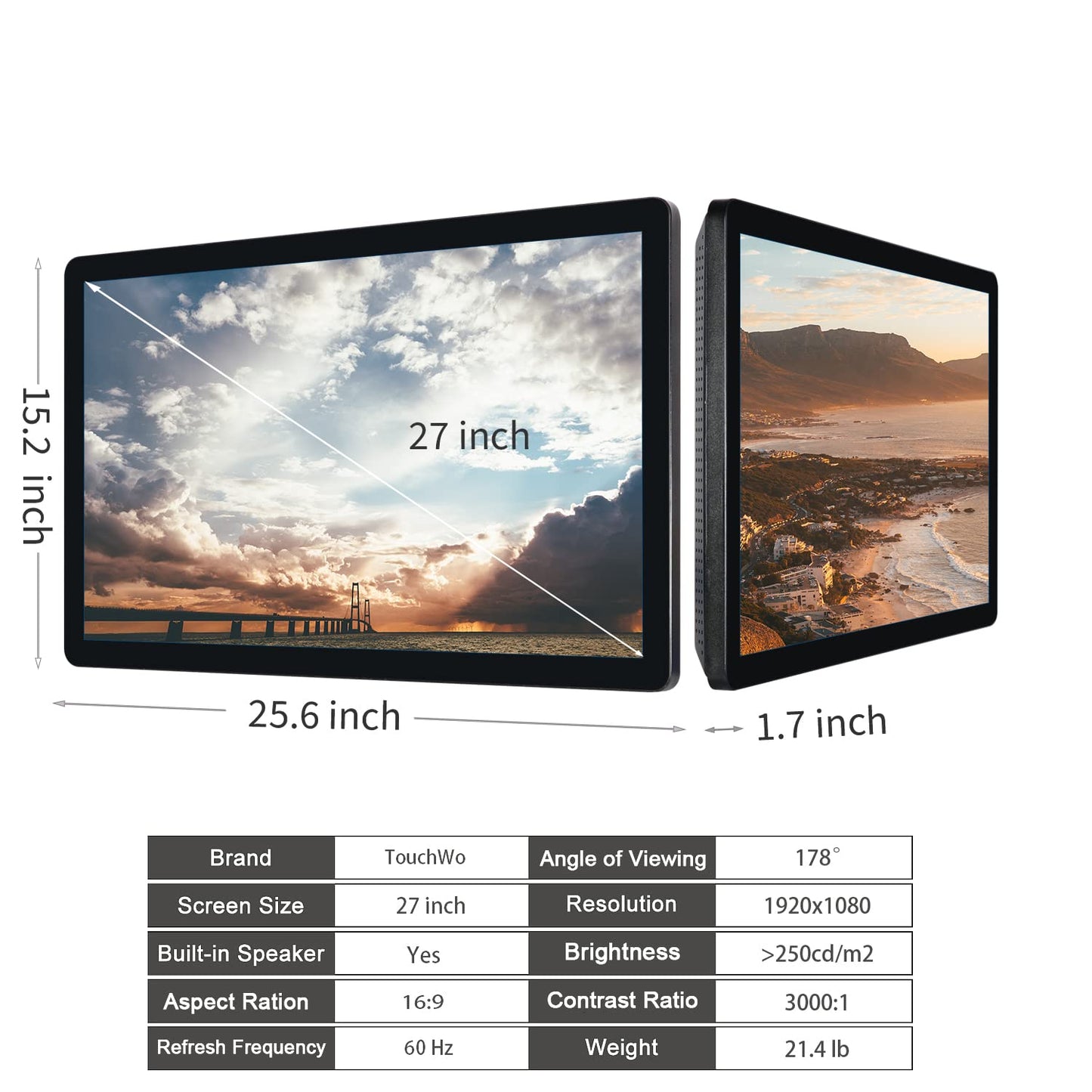 TouchWo 27 inch Touch Screen PC Monitor, Intel i7, 8GB RAM, 512G SSD, 16:9 FHD 1080P, Win-11 Pro, Smart Board for Classroom, Meeting & Home, USB, VGA & HD-MI Monitor