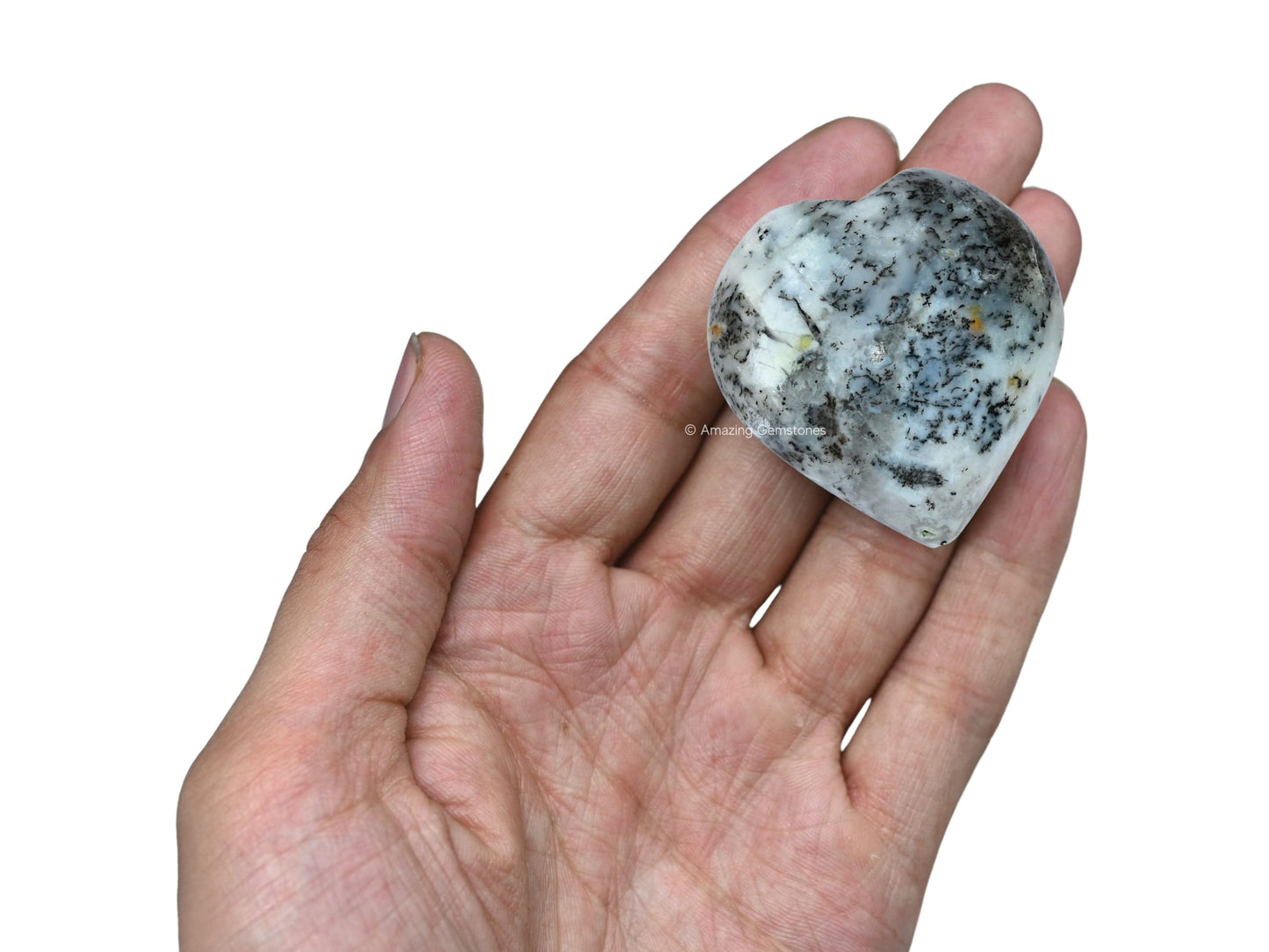 Amazing Gemstone Dendrit Opal Crystal Heart Palm Stone - Pocket Massage Worry Stone for Natural Body Chakra Balancing, Reiki Healing and Crystal Grid