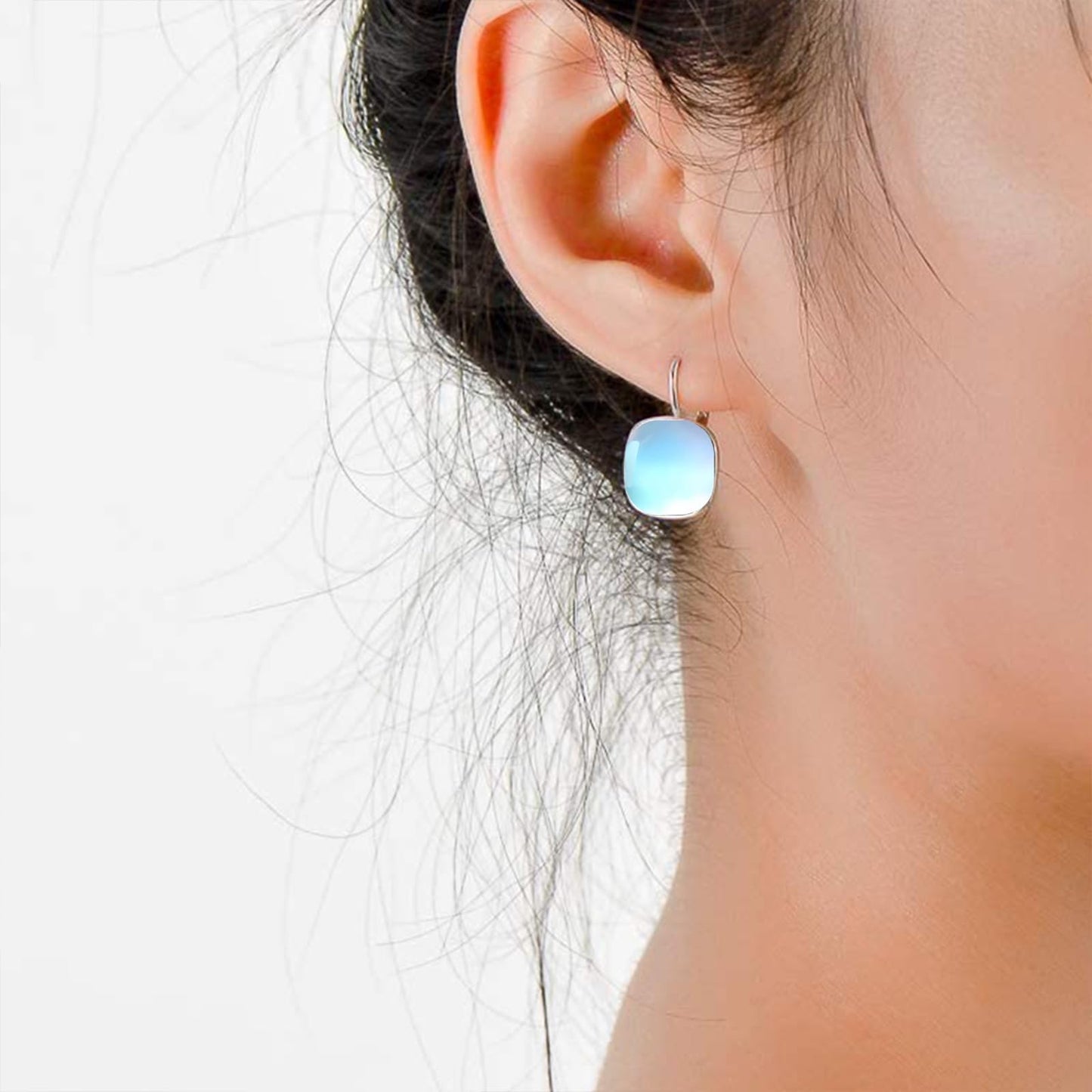 AOBOCO Sterling Silver Leverback Earrings Embellished with Crystals from Austria, Hypoallergenic Cushion Cut Square Crystal Earrings, Fine Anniversary Birthday Jewelry Gifts for Women (Moonstone Color)