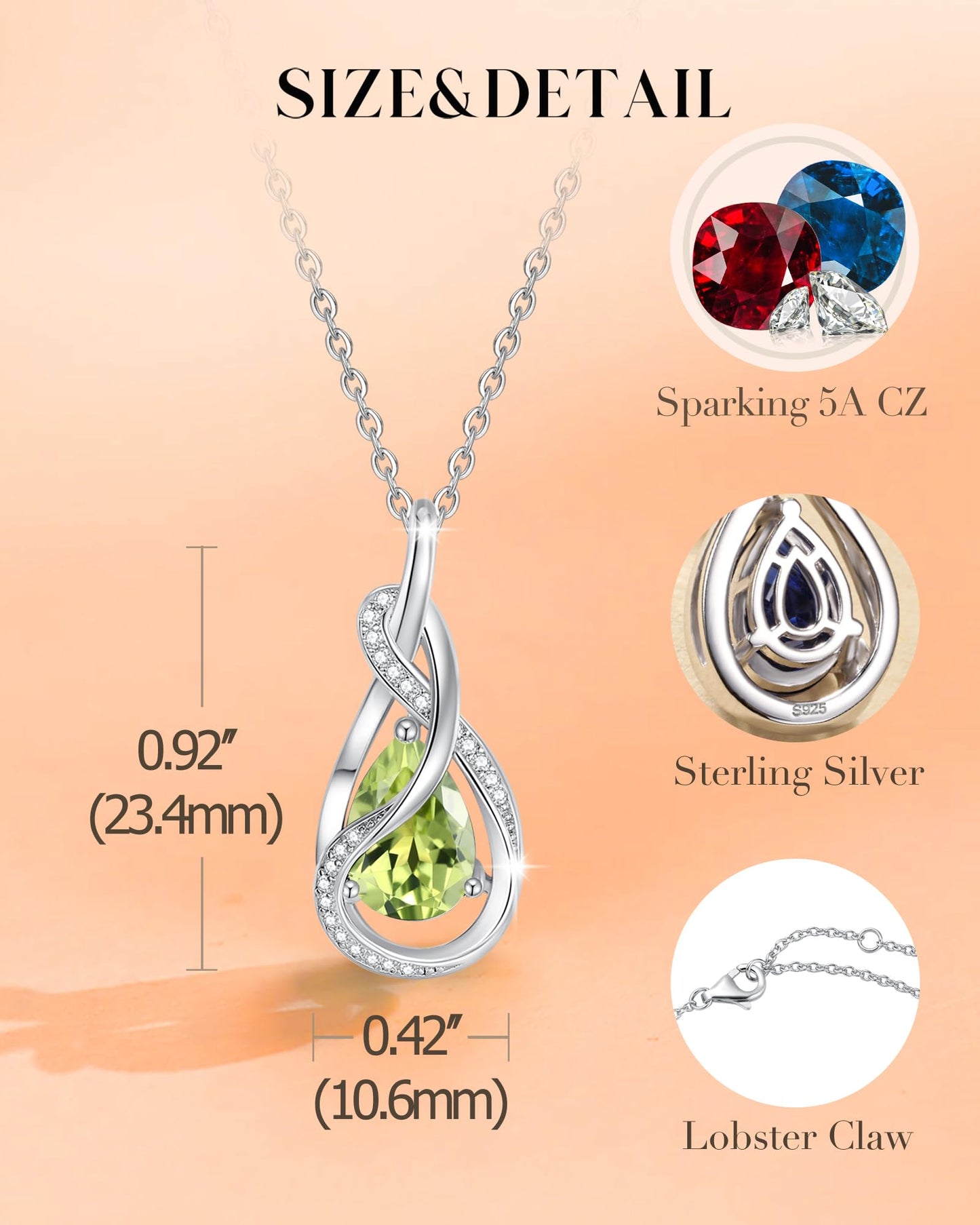 FANCIME Peridot Necklace August Birthstone Sterling Silver Infinity Knot Pendant Necklace Green Gemstone Fine Jewelry Birthday Graduation Mothers Day Gifts for Women Her Mom