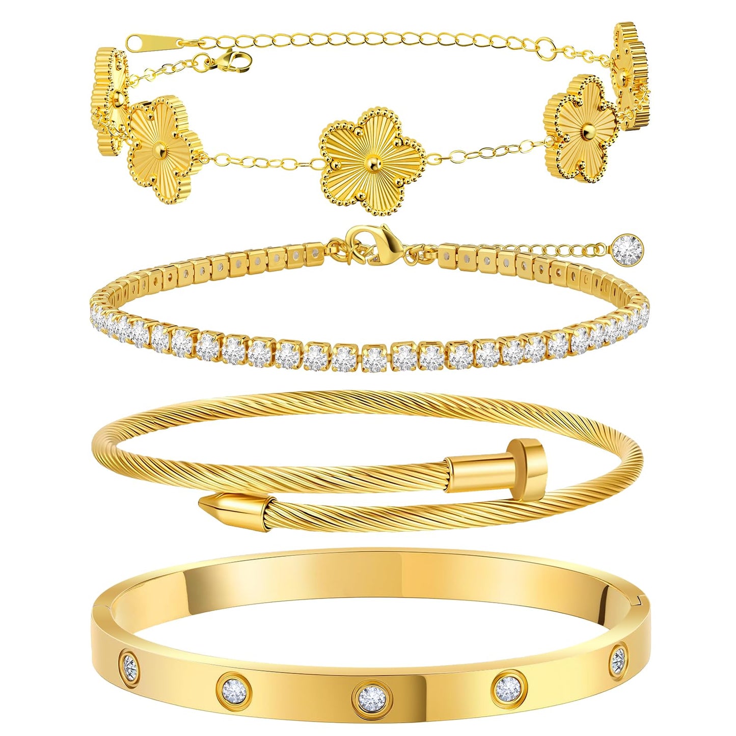 MOINSPIRE 18K Gold Plated Bracelets for Women, Stainless Steel Four Leaf Clover Tennis Nail Love Bangle Bracelets Set, Trendy Stackable Twist Cuff Bracelet Non Tarnish Jewelry Gifts for Christmas