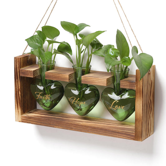 Plant Terrarium Propagation Stations Faith Hope Love Hydroponics Home Garden Decoration Gift for Women with Wooden Stand Heart Shaped Colored Glass Vase