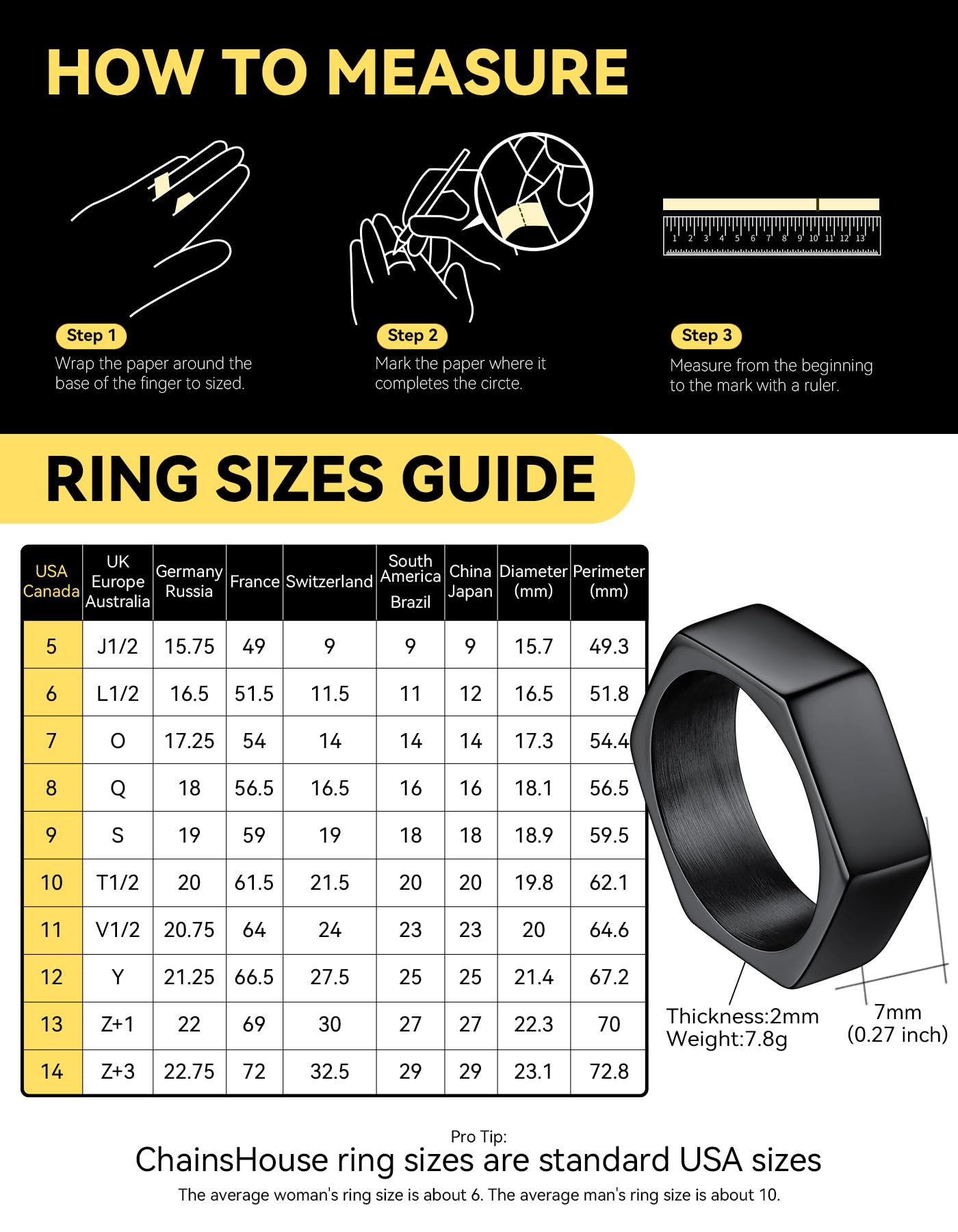 ChainsHouse Black Biker Ring Stainless Steel Jewelry Size 14 Punk Hexagon Geometric Band Rings
