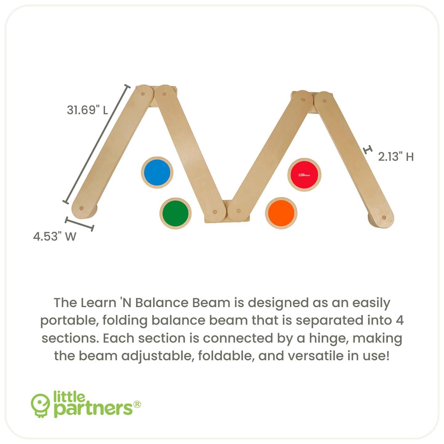 Little Partners Learn 'N Balance Toddler Balance Beam and Stepping Stones Set for Kids, Wooden Indoor Children's Activity Toy with 4 Colorful Stones, Portable Design, Hinged Sections
