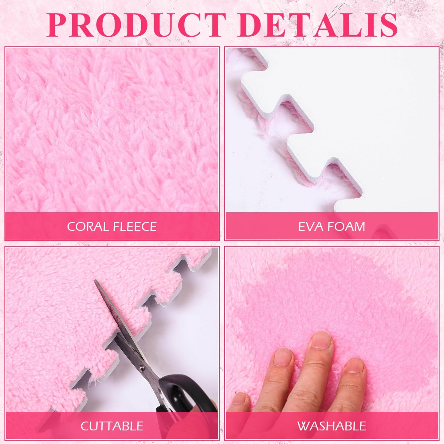 Ceenna 60 Pieces Plush Puzzle Foam Floor Mat Square Interlocking Carpet Tiles with Fluffy Play Mat Floor Tiles Soft Climbing Area Rugs for Living Room Floor Gym Area(Pink, Rose Red)
