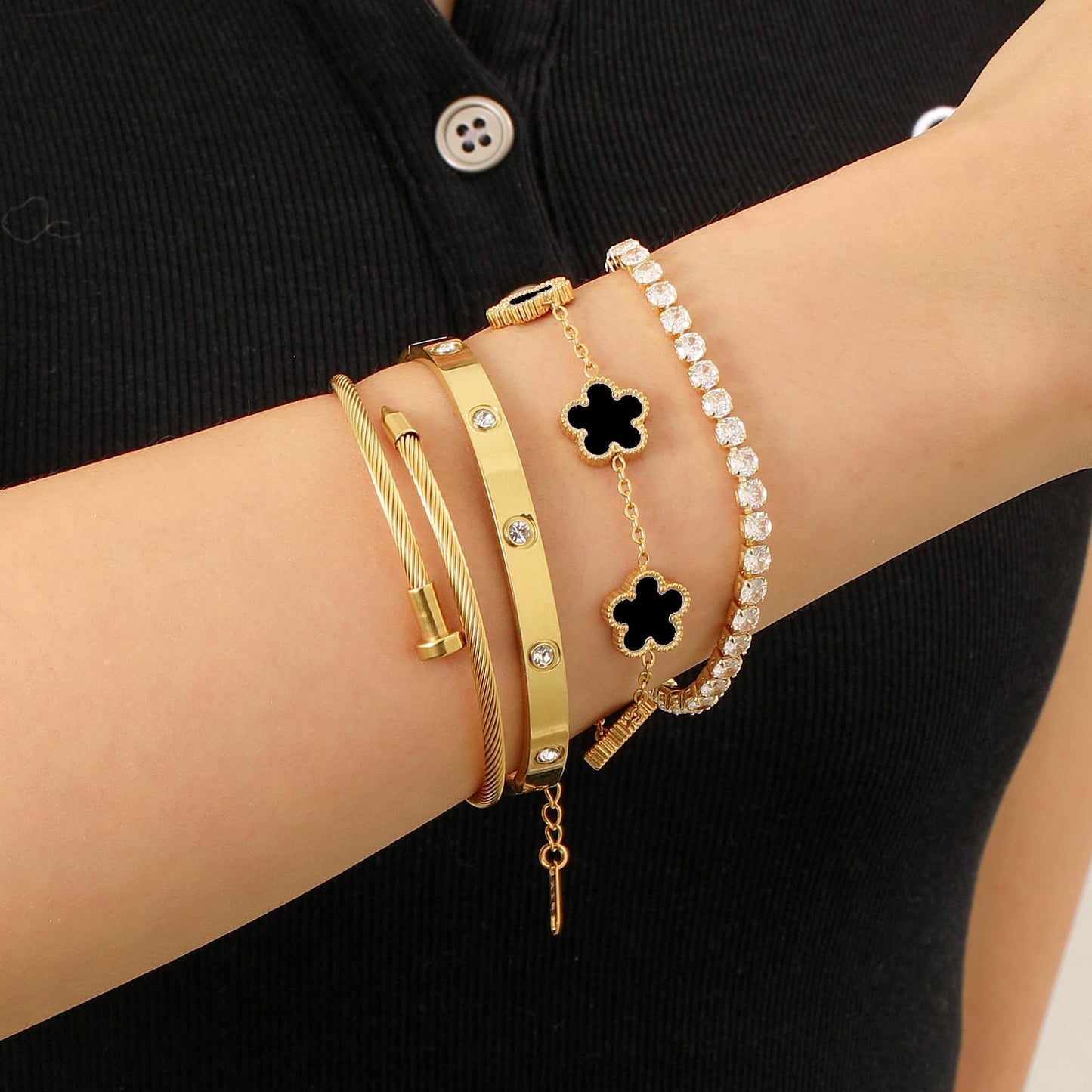 MEIERYA 18K Gold Plated Womens Stackable Floral Bracelets Set,Twisted Cable Bangle,Trendy Jewelry,Waterproof adjustable bracelet,Christmas Birthday Gifts for Girlfriend or Mother. (02-Color-black)