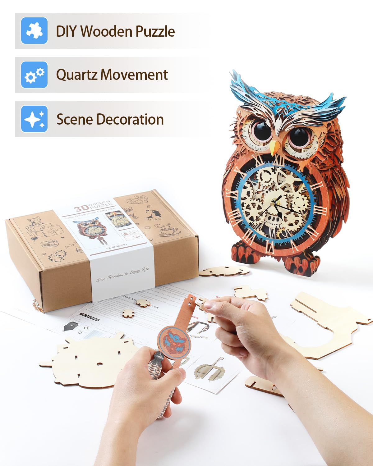 Rnfinewow 3D Wooden Puzzles for Adults, Owl Clock with Pendulum Model Kit, 3D Puzzles for Adults Room Home Decor DIY Wall Clock Kit, Holiday Birthday Christmas Day Gifts for Men Women