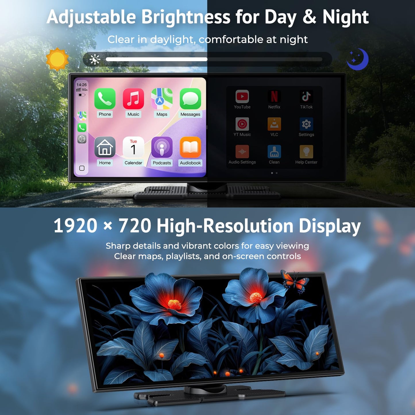 Wonsidary 11.26" Wireless CarPlay Screen for Car,Portable CarPlay & Android Auto Screen,1080P Backup Camera,Split-Screen,Dual Bluetooth,Navigation & Voice Control,Support OTA,for All Vehicles