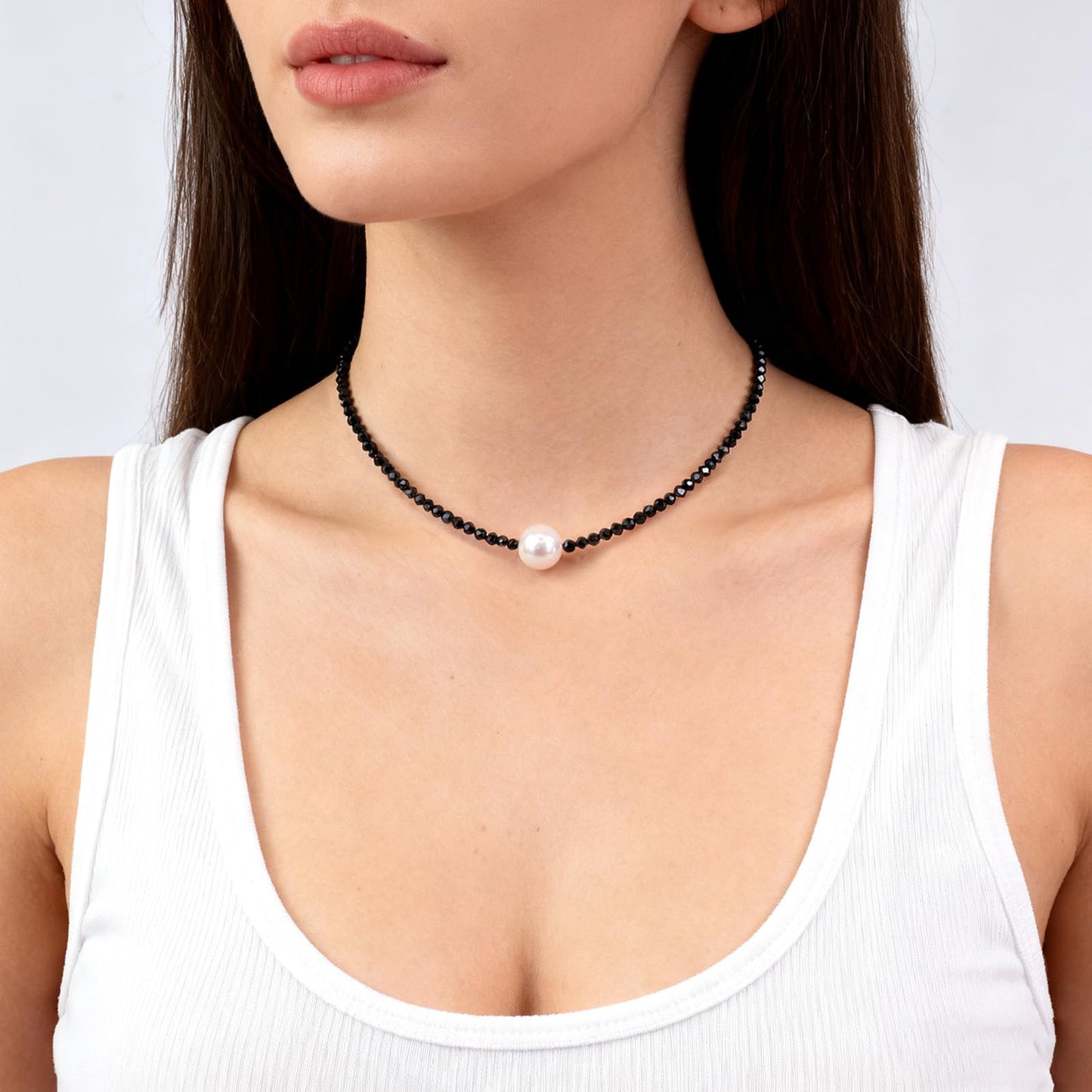 GEMTAL Pearl Necklaces for Women, Single Pearl Necklace Natural Gemstone Necklace Womens Black Stone Beaded Choker, Dainty Round Freshwater Pearl Drop Necklace Handmade Jewelry Gift Valentines Birthday Anniversary 18inch