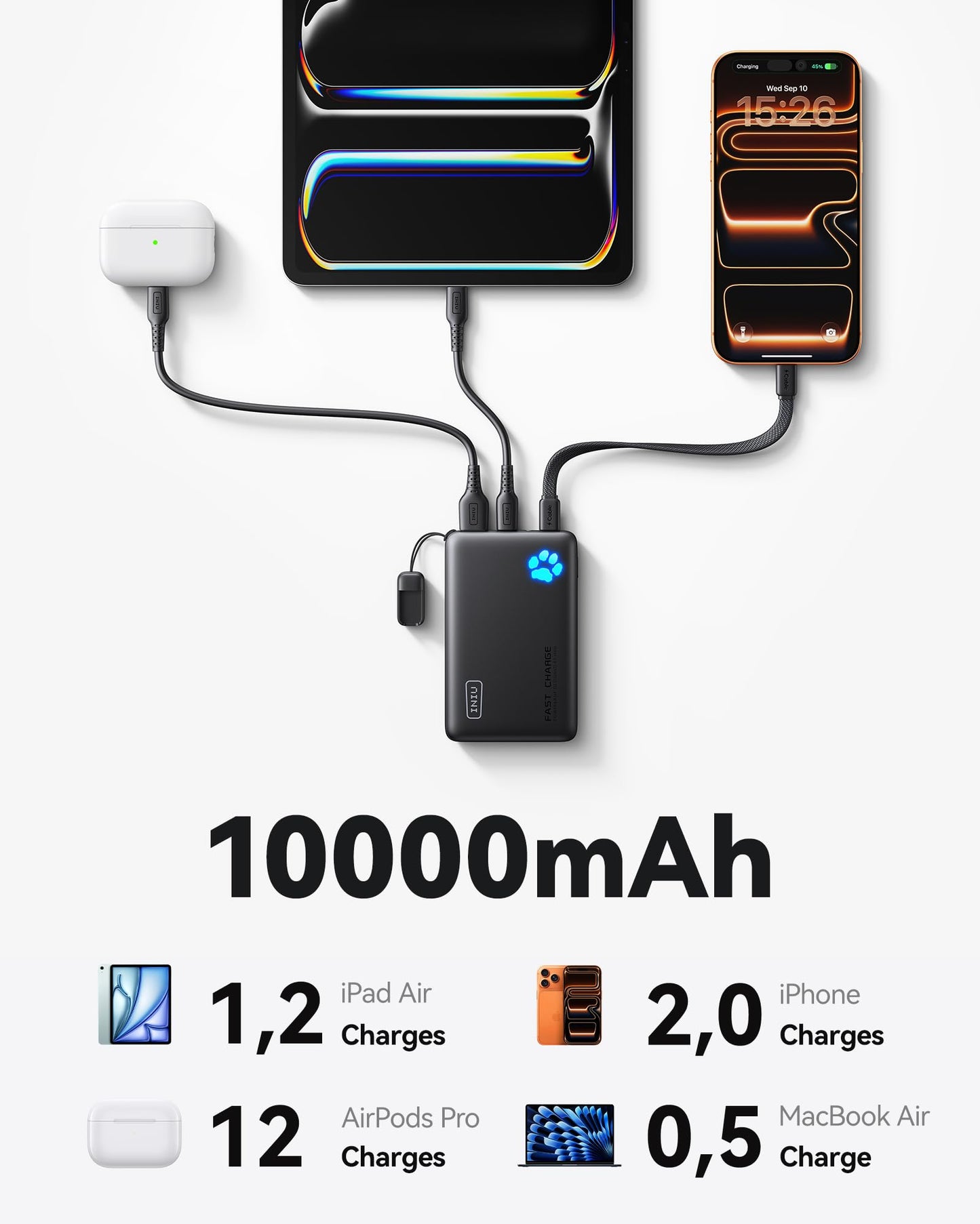 INIU Portable Charger, Smaller & Lighter 45W Fast Charging with Attached USB C Cable, Flight-Safe 10000mAh PD Power Bank Battery Pack, Travel Phone Powerbank for iPhone 17 16 15 Samsung S25 Google etc