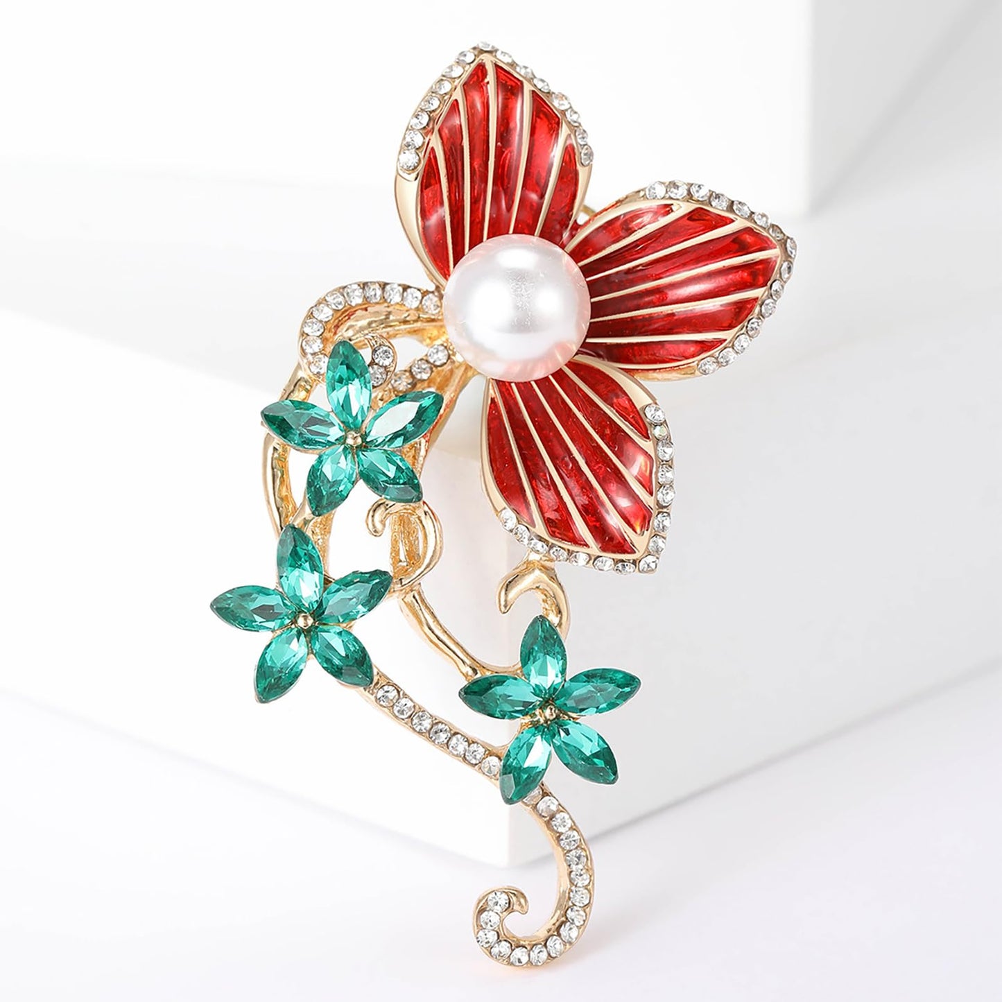 Camellia Flower Brooch for Women Rhinestones Pearl Flower Brooches Floral Pin Sweater Coat Dress Accessories Gifts for Mother's Day Party Wedding