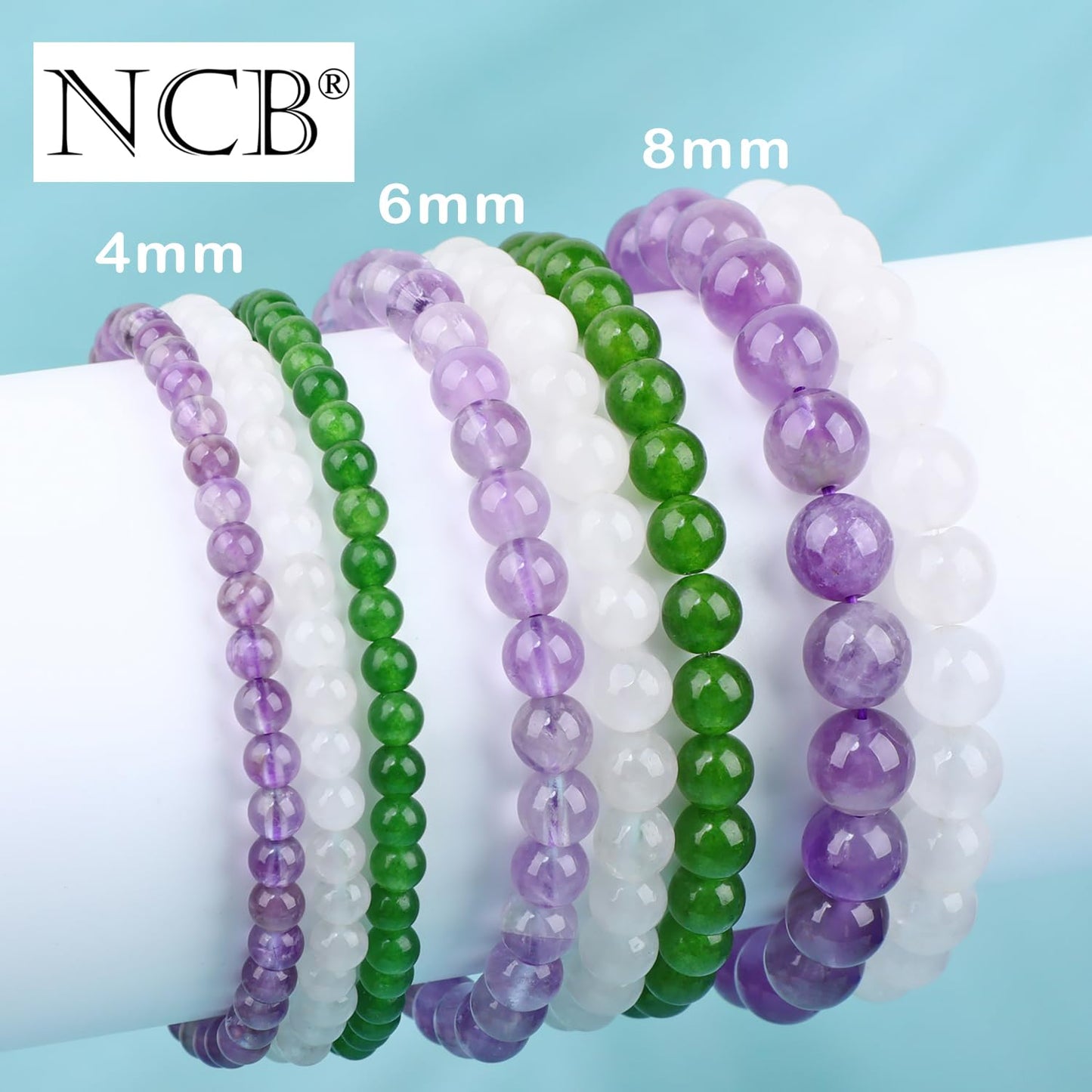 NCB 3-Piece 4mm Natural Crystal Gemstone Stretch Bracelets – ﻿Amethyst, Green Jade, White Jade Handmade Reiki Energy Healing Jewelry for Meditation,Yoga, Unisex