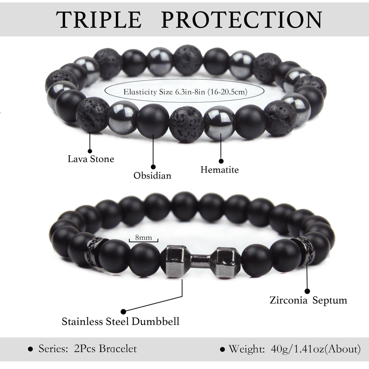 GDLKPYHS Black Obsidian Bracelets for Men- Dumbbell Bracelet - Tourmaline Beaded Bracelets, 8MM Black Onyx Hematite Lava Stone Beads Triple Protection Bracelet for Men Women Gifts