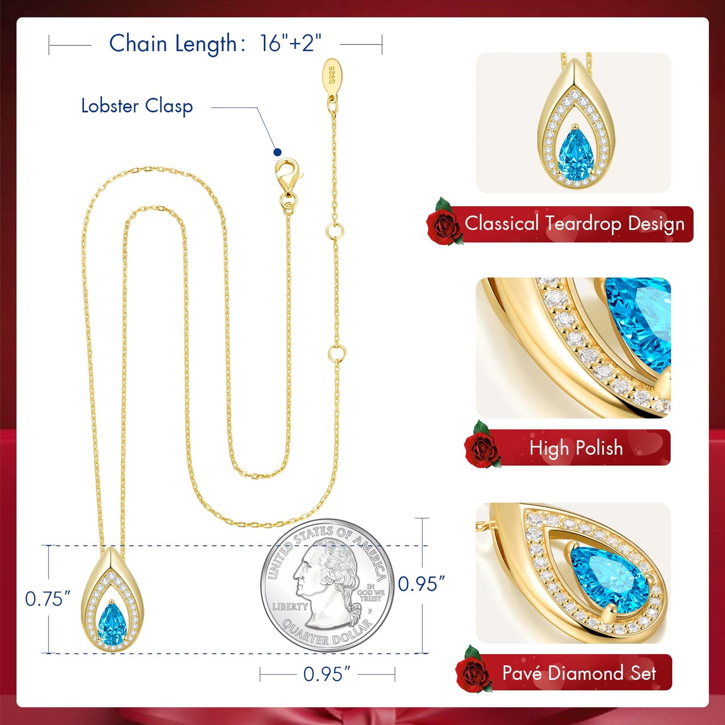Kstyle 14k Gold Blue Topaz December Birthstone Pendant Necklaces for Women Valentine's Day Birthday Gift Anniversary Jewelry for Wife Daughter Grandma Mom Sister Non Tarnish