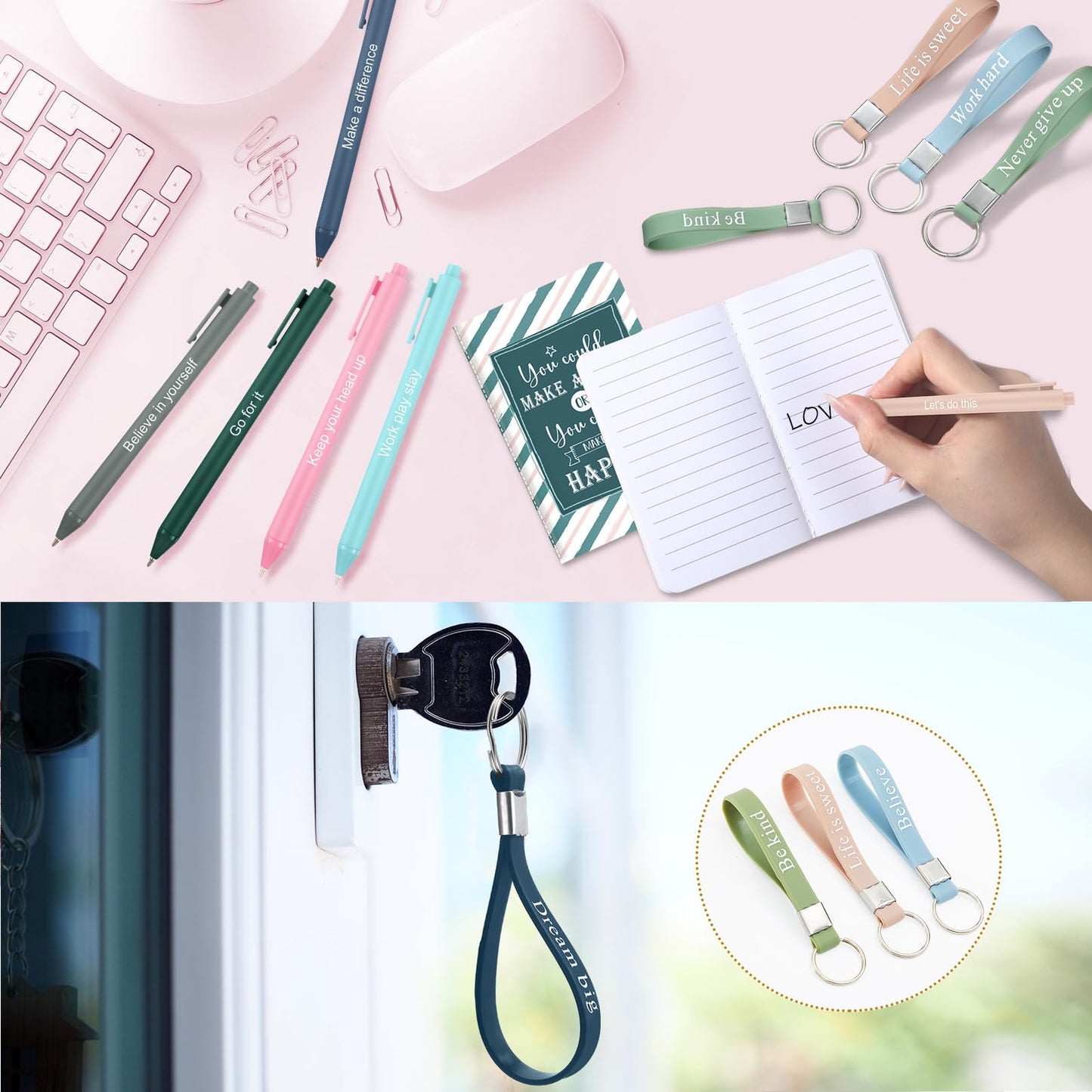 PerKoop 64 Pcs Inspirational Gifts Bulk 16 Motivational Notebooks Journal 16 Ballpoint Pens 16 Wristbands 16 Keychains for Teacher Office Women Employee Party Favor(Morandi)