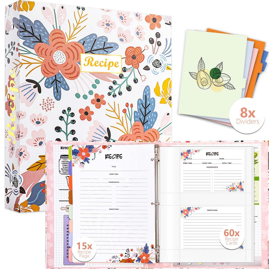 3 Ring Recipe Binder 8.5" x 11" Recipe Book Recipe Binder Kit with 60 Printed Recipe Cards 4'' x 6'', 8 Category Dividers to Write in Your Recipes, Unique Gifts for Women (White)