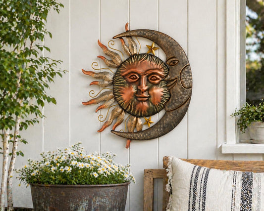Glitzhome Metal Sun and Moon Wall Decor, Garden Yard Stake with Celestial Outdoor Sculpture Design, Bronze Copper Rustic Art for Patio Lawn Spring Landscape Decoration